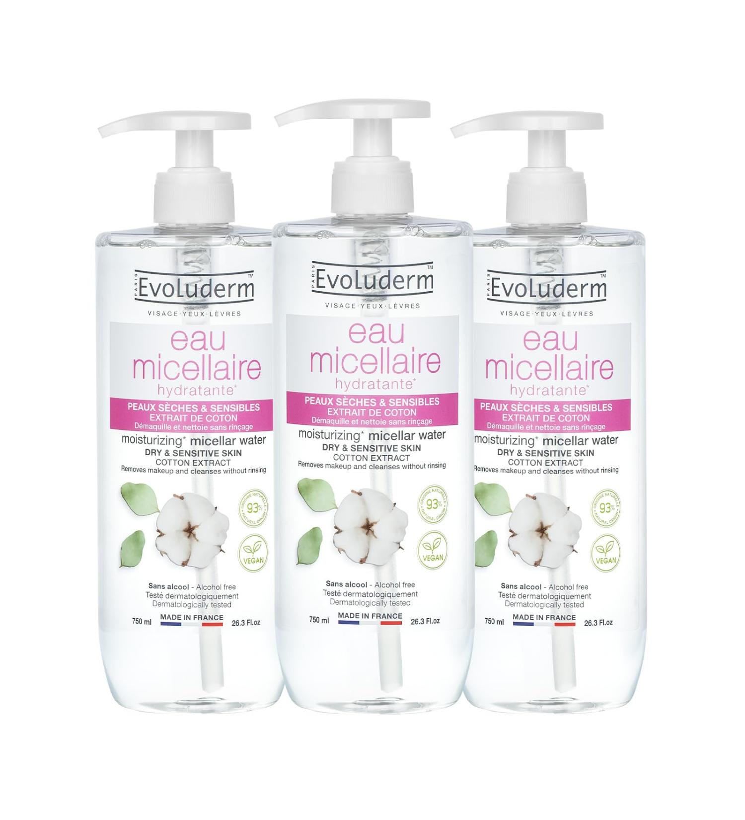 EVOLUDERM Micellar Cleansing Water with Cotton Extract 750 ml 93% Natural Origin Vegan Made in France Pack of 3 x 750 ml - Buy Online on GoSupps.com