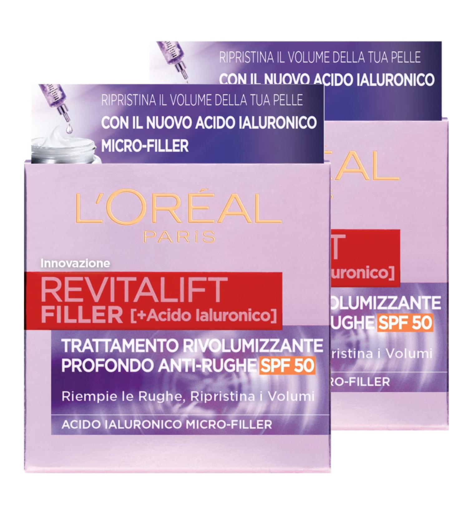 L'Or al Paris Revitalift Filler Day Cream Deep Revolumizing Anti-Wrinkle Treatment SPF 50 Protection with Hyaluronic Acid Micro-Filler - 2 x 50ml Jars - Buy Online on GoSupps.com