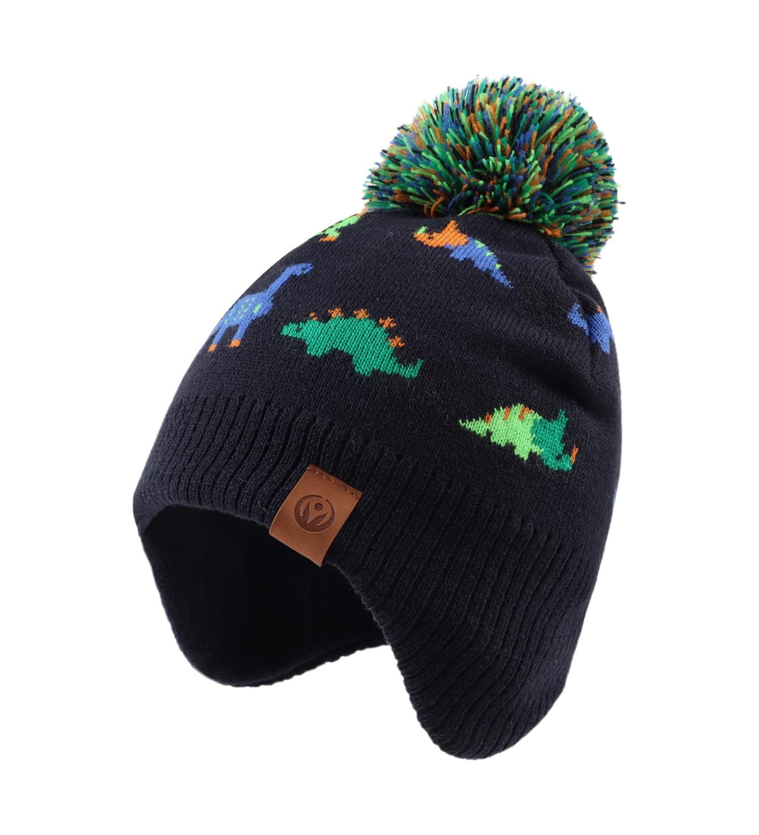 XIAOHAWANG Knitted Baby Hat - Winter Warm Boys Girls Beanie with Fleece Lining, Pompom & Colorful Dinosaur Design | Toddler Kids Hat 4-7 Years - Buy Online on GoSupps.com