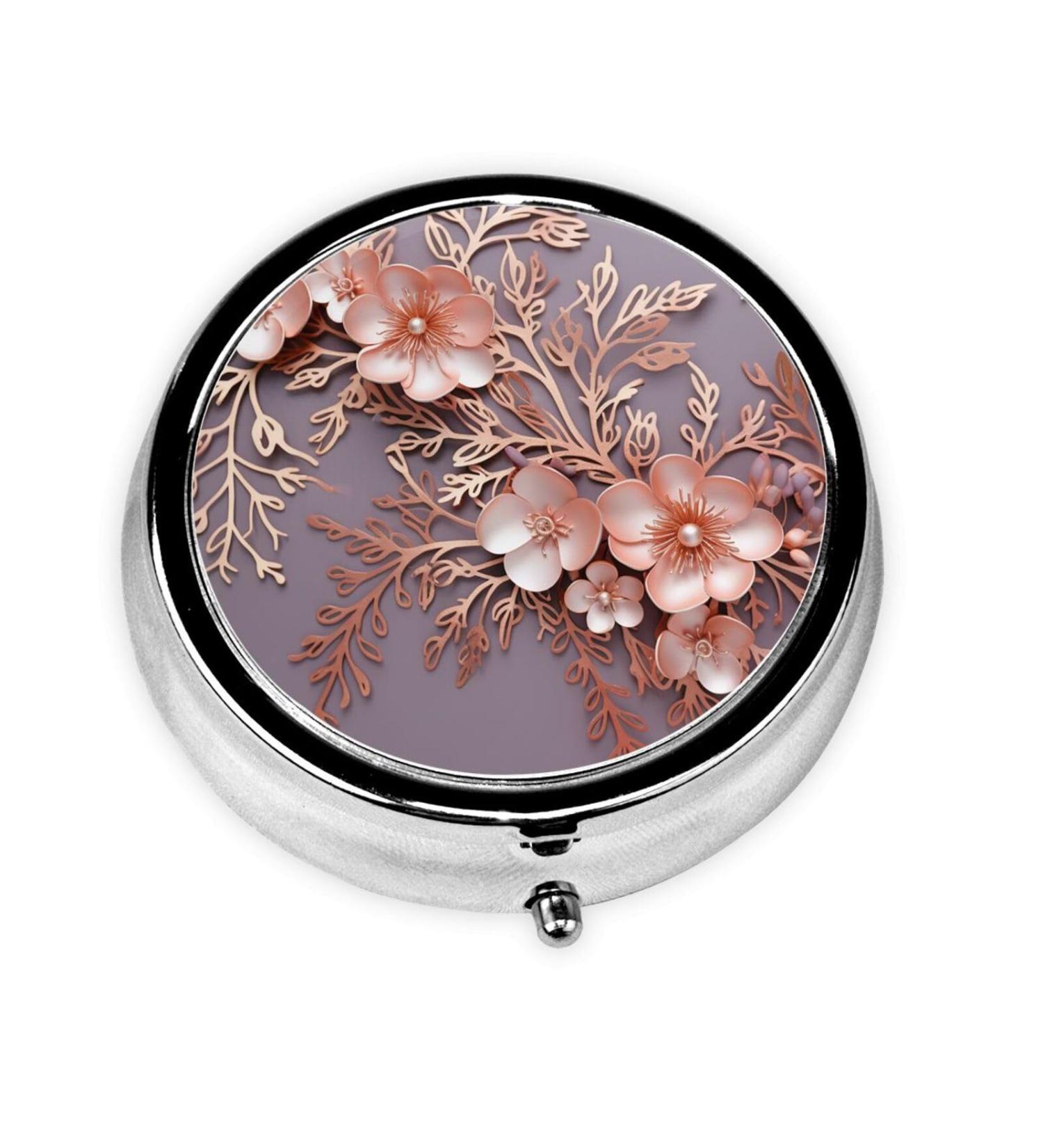 Rose Gold Floral Print Pill Box - Elegant 3 Compartment Metal Organizer for Travel & Pocket - Stylish Mini Medicine Storage Case with Mirror - Buy Online on GoSupps.com