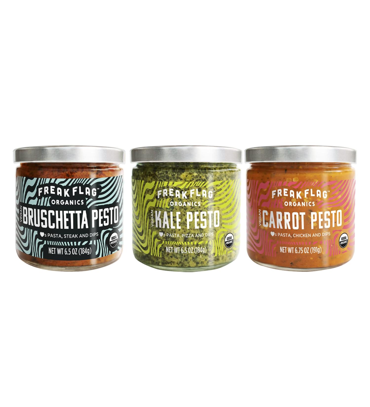 Freak Flag Organics Pesto Variety Pack - Tomato Bruschetta, Kale, Carrot - USDA Organic, Vegan, Nut-Free - 6.75 oz (Pack of 3) - Buy Online on GoSupps.com