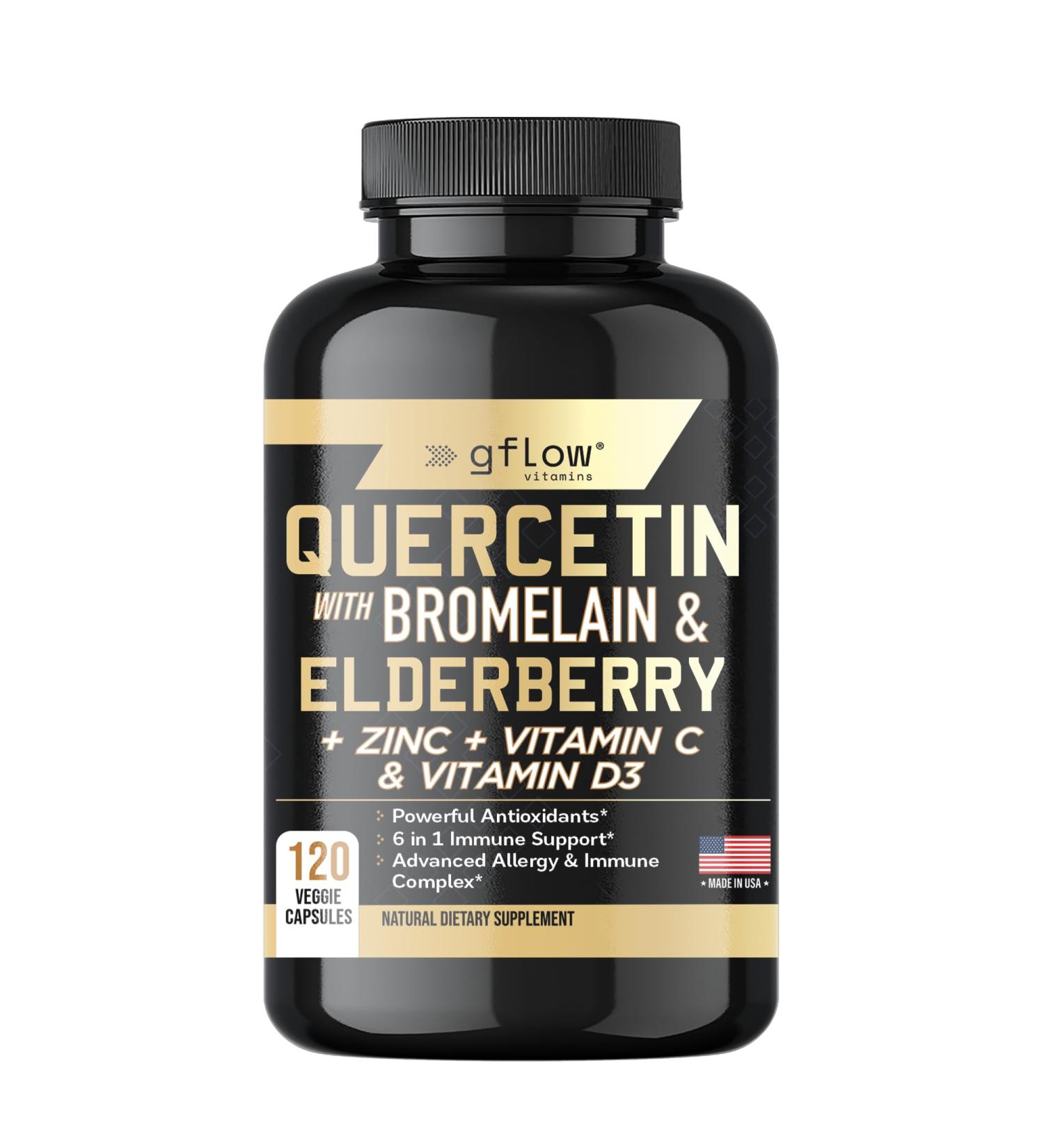 Quercetin with Bromelain Zinc Vitamin C Vitamin D Elderberry - 120 Veggie Capsules Non-GMO Gluten-Free | Immune Support Supplement | Made in USA | 2 Months Supply 120 Count (Pack of 1) - Buy Online on GoSupps.com