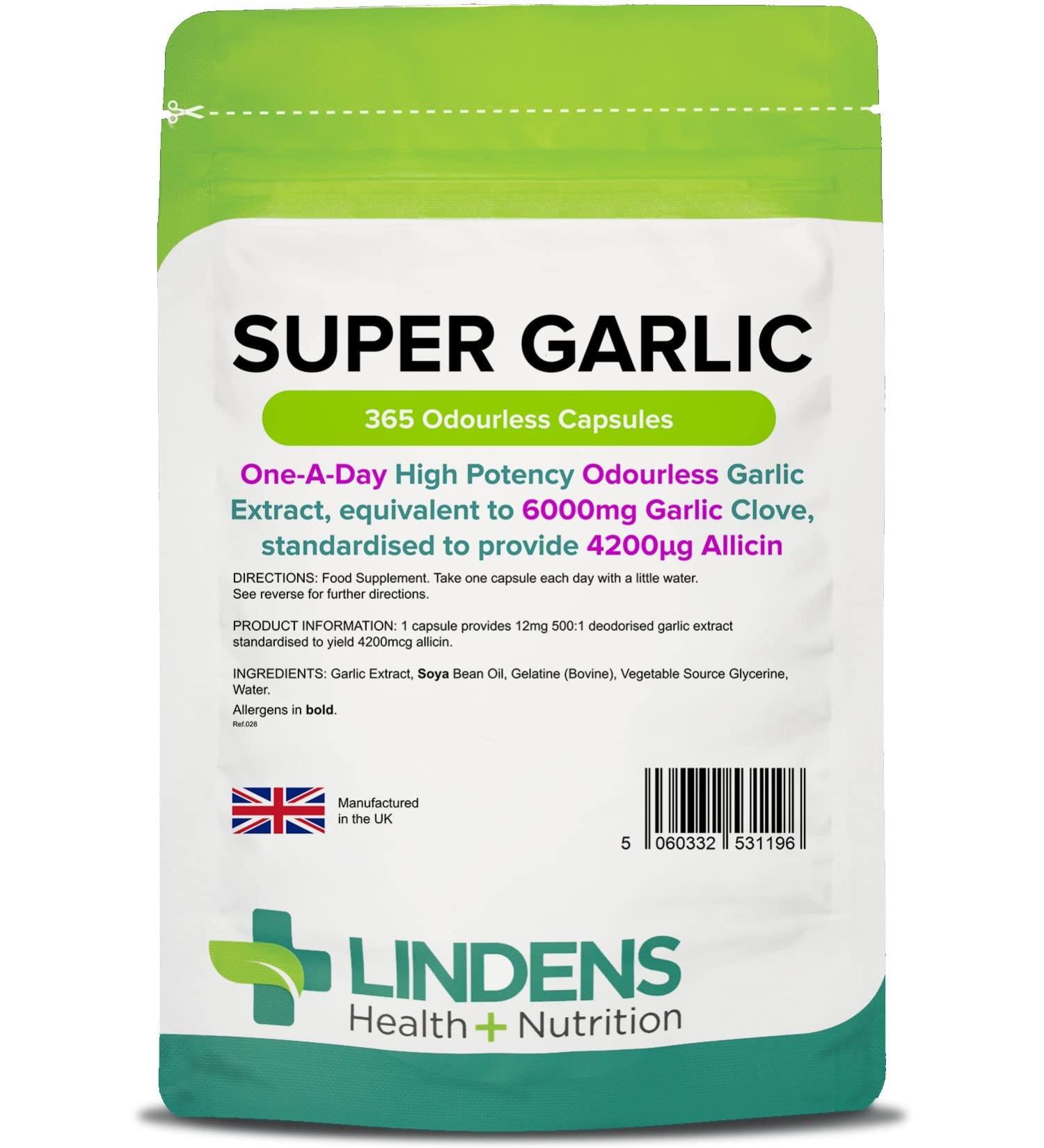 Garlic 6000mg Odourless /365 Capsules (Super Garlic) by Lindens