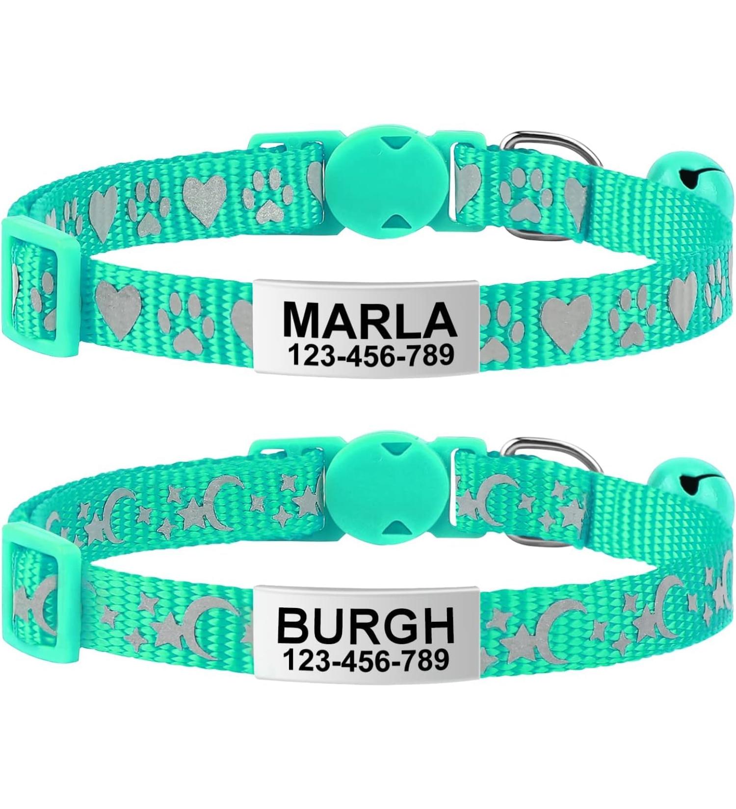 Shop Tagme Cat Neck Band - 2-Pack Reflective Collars with Safety Lock & Bell - Custom Name & Address Shield for Cats & Puppies - Turquoise 18-28 cm - Buy Online on GoSupps.com