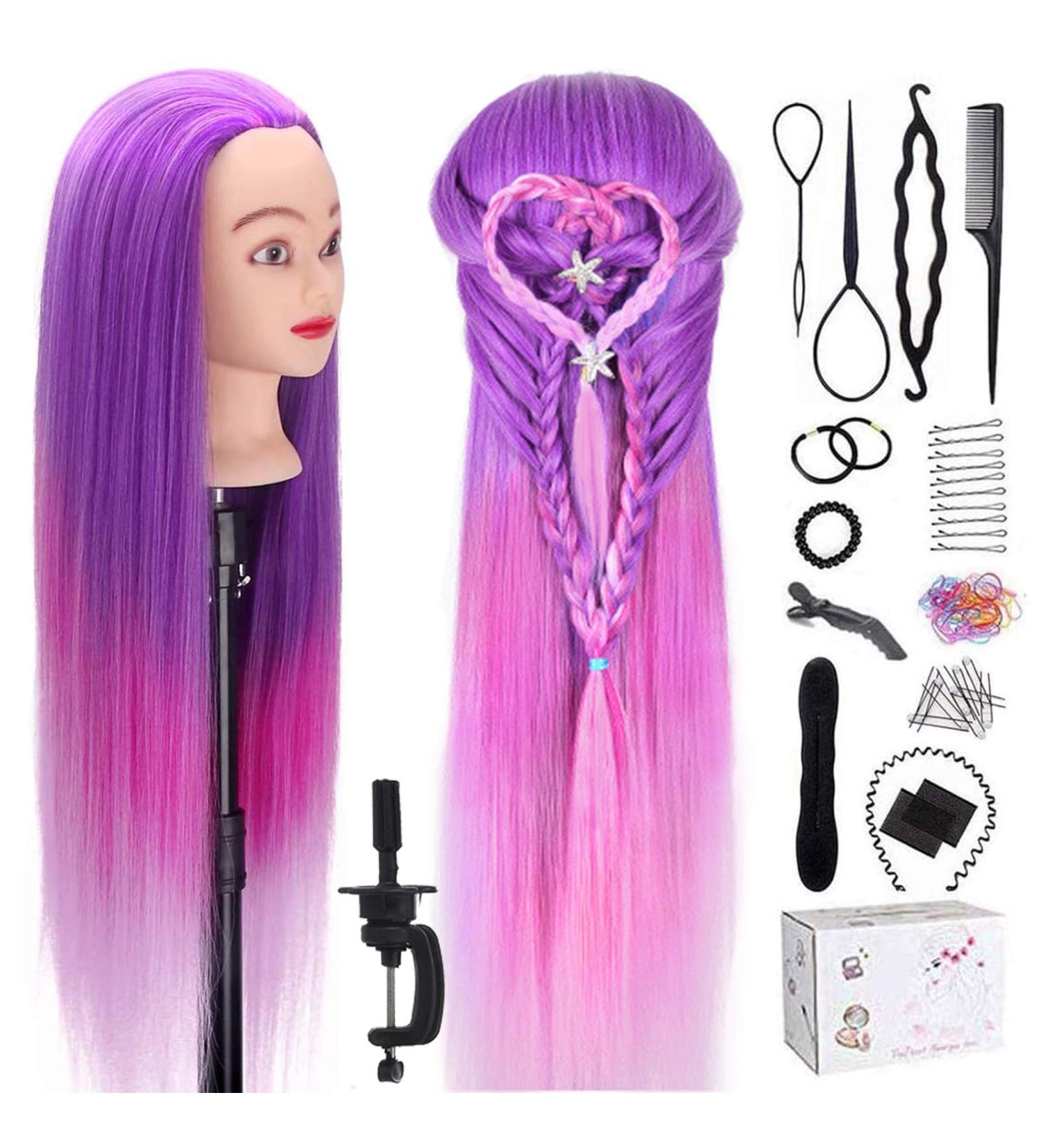 Topdirect 75cm Synthetic Hair Wig Head for Hairdressing Training | Color Gradient Violet with Holder & DIY Hairstyles Set - Buy Online on GoSupps.com