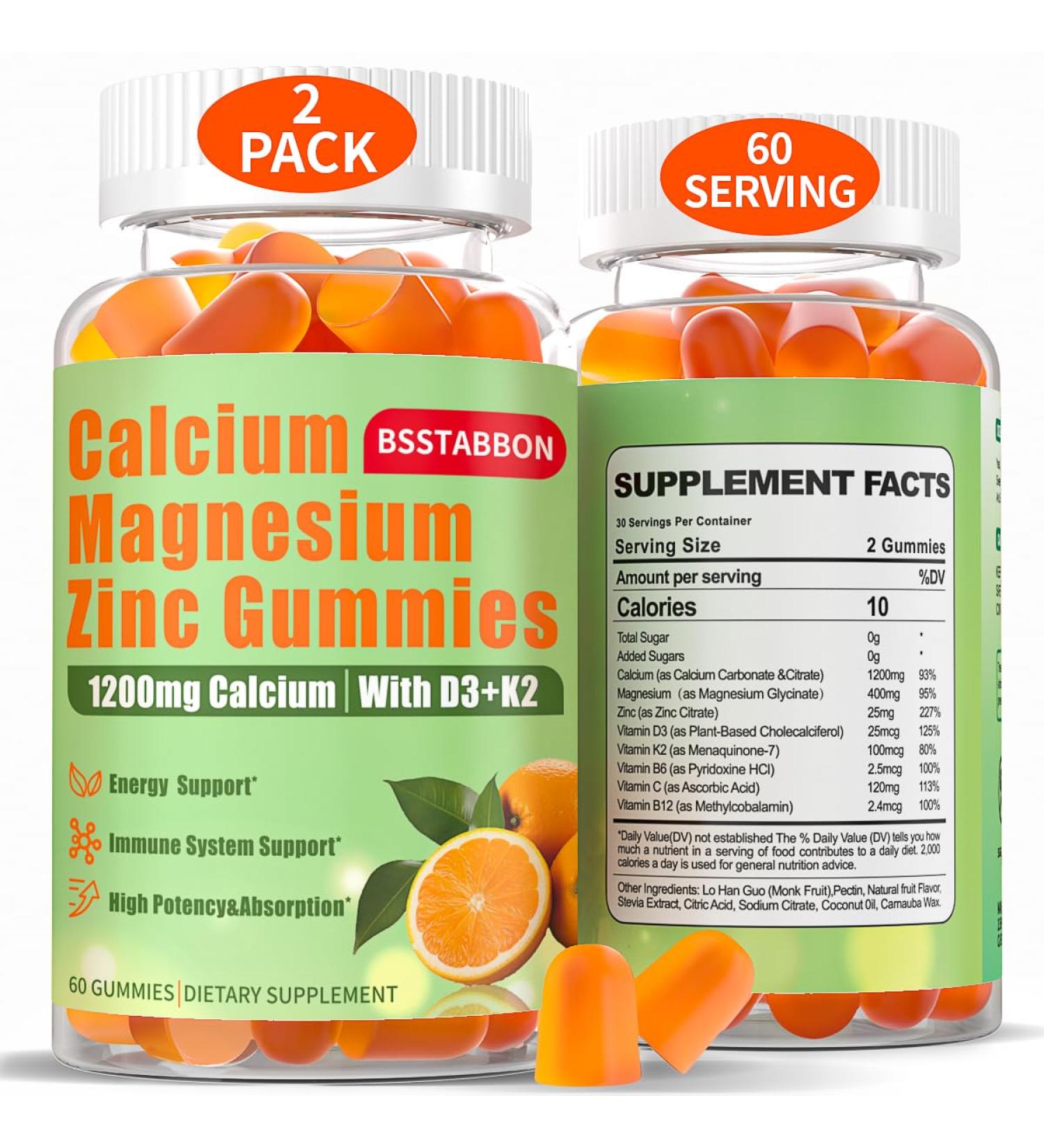 Calcium Magnesium Zinc Gummies for Adult: 1200mg Calcium Citrate 400mg Magnesium Glycinate with D3 B12 - Sugar Free High Absorption Supplement for Women Men (60 Count(Pack of 2)) 60 Count (Pack of 2) - Buy Online on GoSupps.com