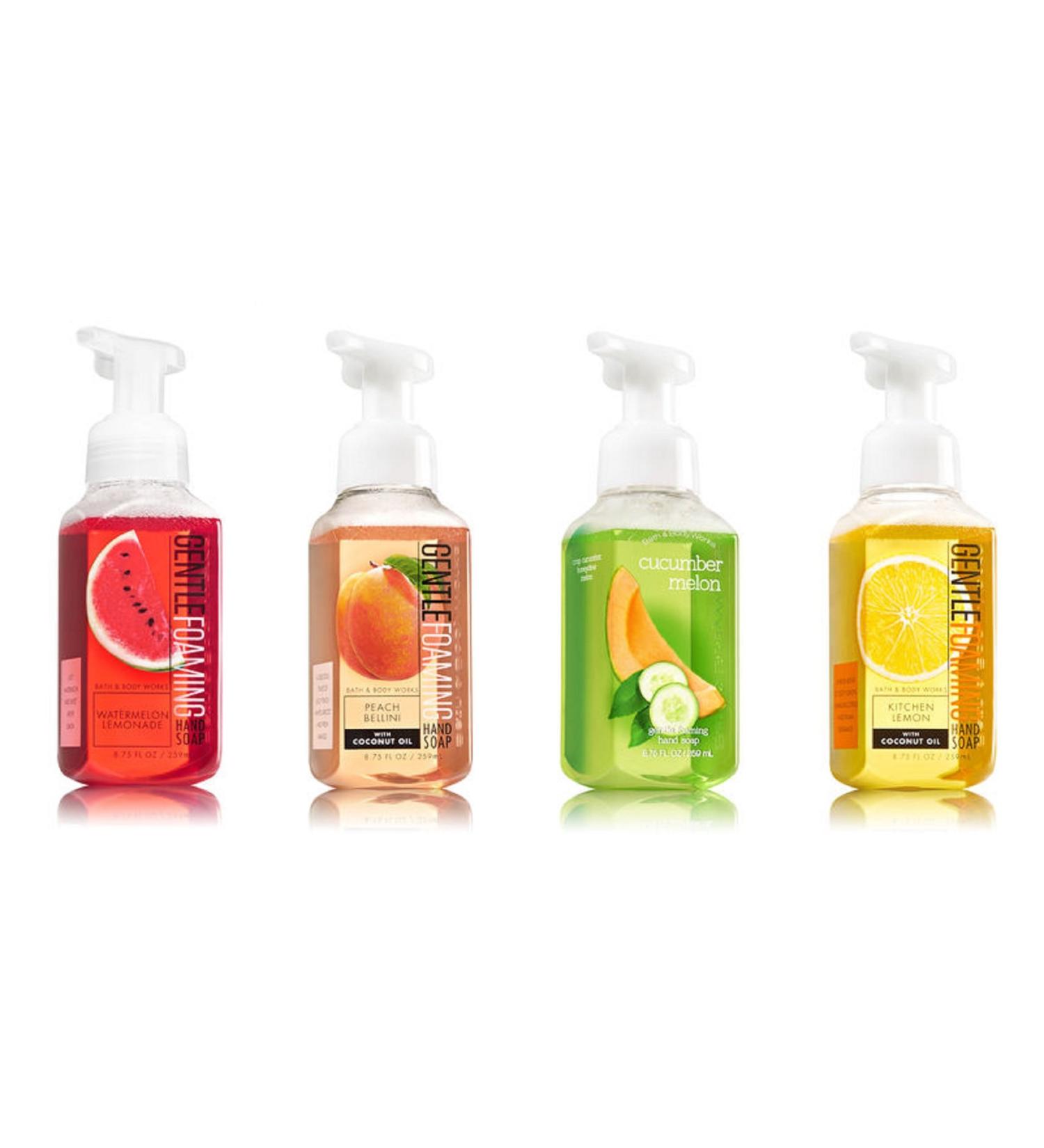 Bath and Body Works Summer Collection 4 Pack - Watermelon Lemonade + Peach Bellini + Cucumber Melon + Kitchen Lemon Foaming Hand Soaps