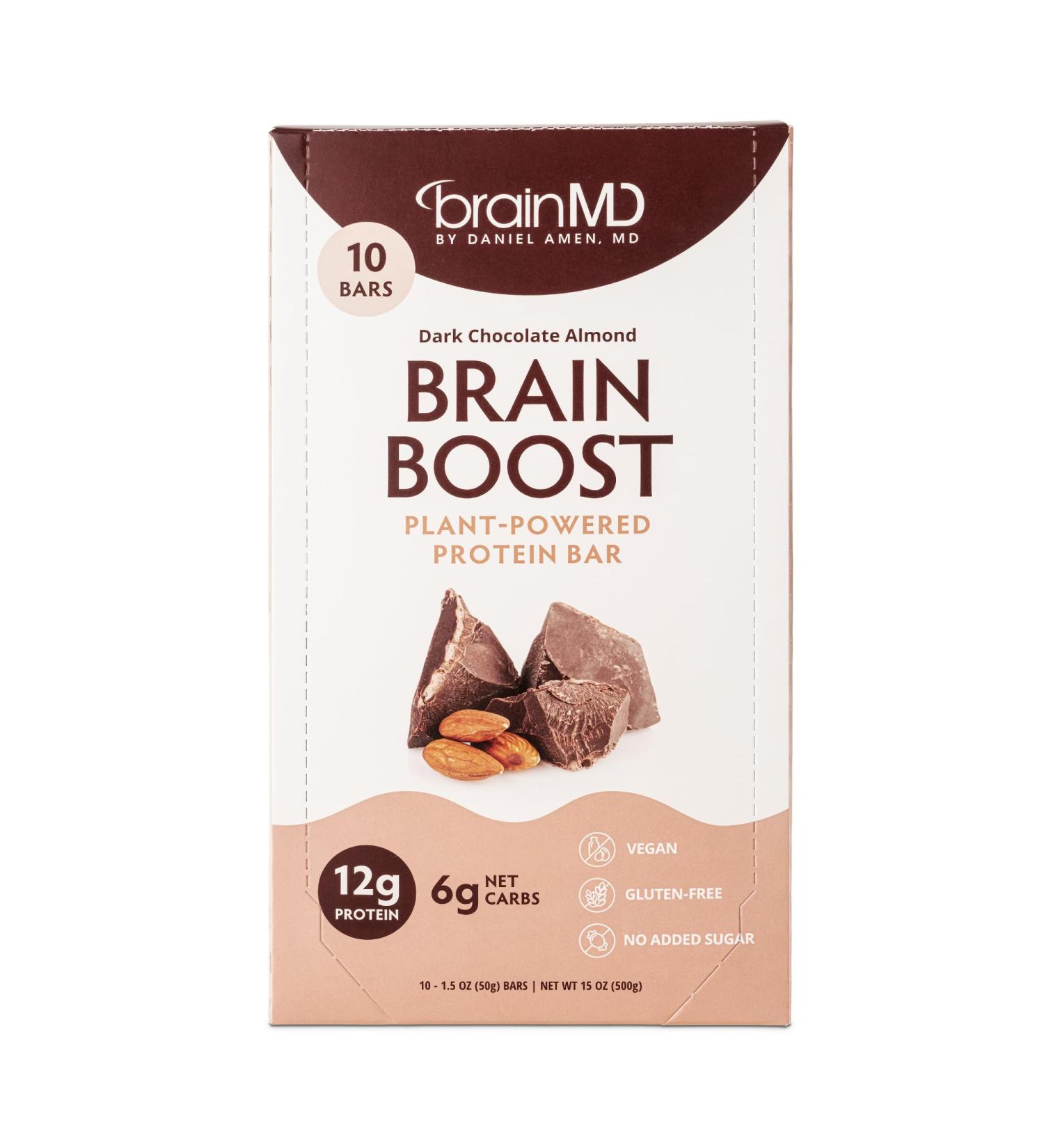 Buy BRAINMD Brain Boost Dark Chocolate Almond Bars - Vegan Gluten-Free Keto - 10 Plant-Powered Protein Bars for Optimal Brain Health - Buy Online on GoSupps.com