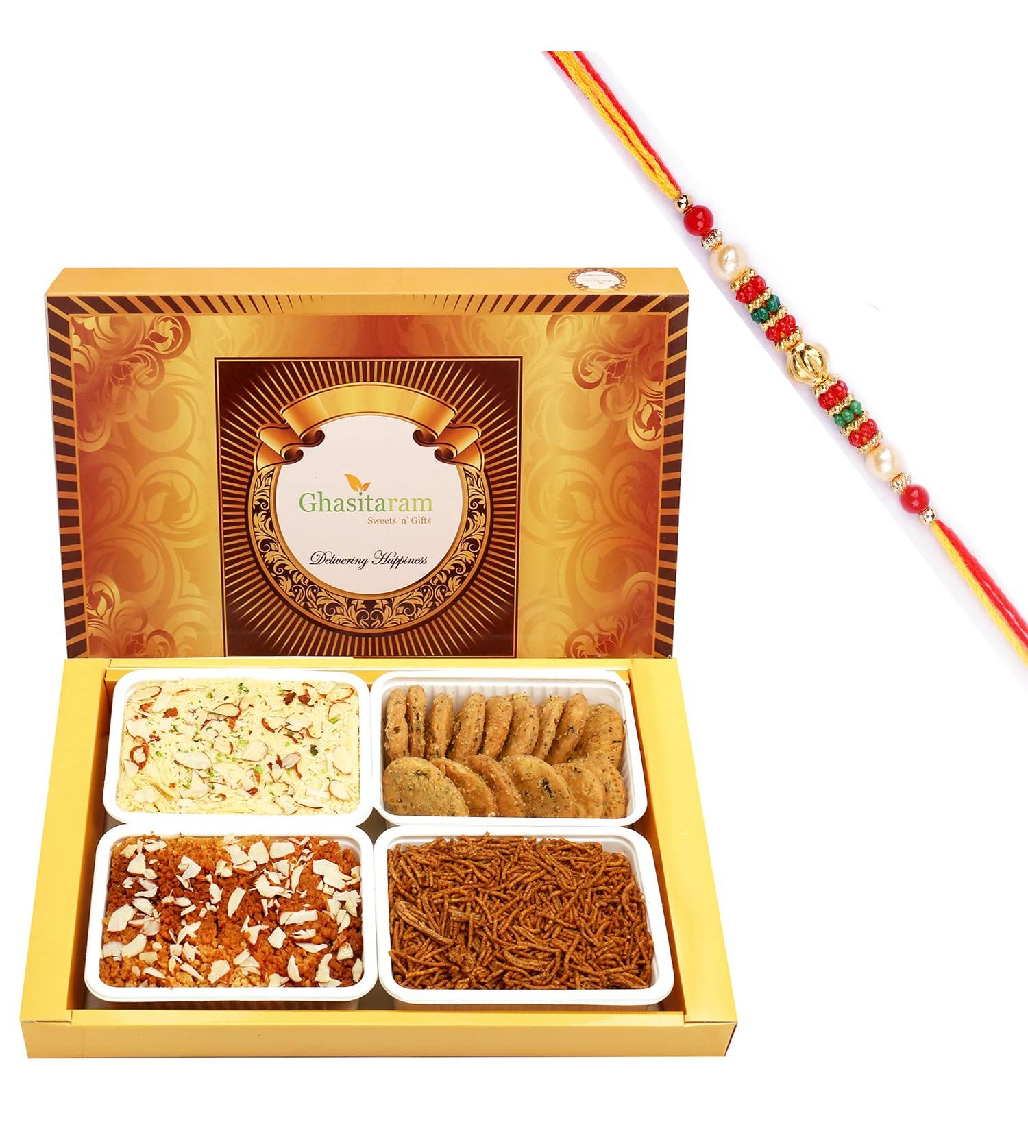 Ghasitaram Gifts Rakhi Gifts for Brothers Rakhi Sweets - Big Box of Soan Papdi Milk Cake Methi Mathi and SOYA Sev with Pearl Beads Rakhi Box of Soan Papdi Milk Cake Methi Mathi Sev Rakhi - Buy Online on GoSupps.com
