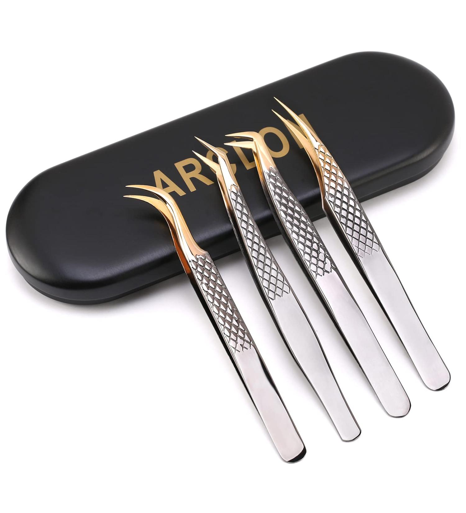 Arclon Lash Eyelash Extension Tweezers Set - 4Pcs Professional Straight and Curved Stainless Steel Precision Tweezers in Black Gold | Lash Extension Supplies - Buy Online on GoSupps.com