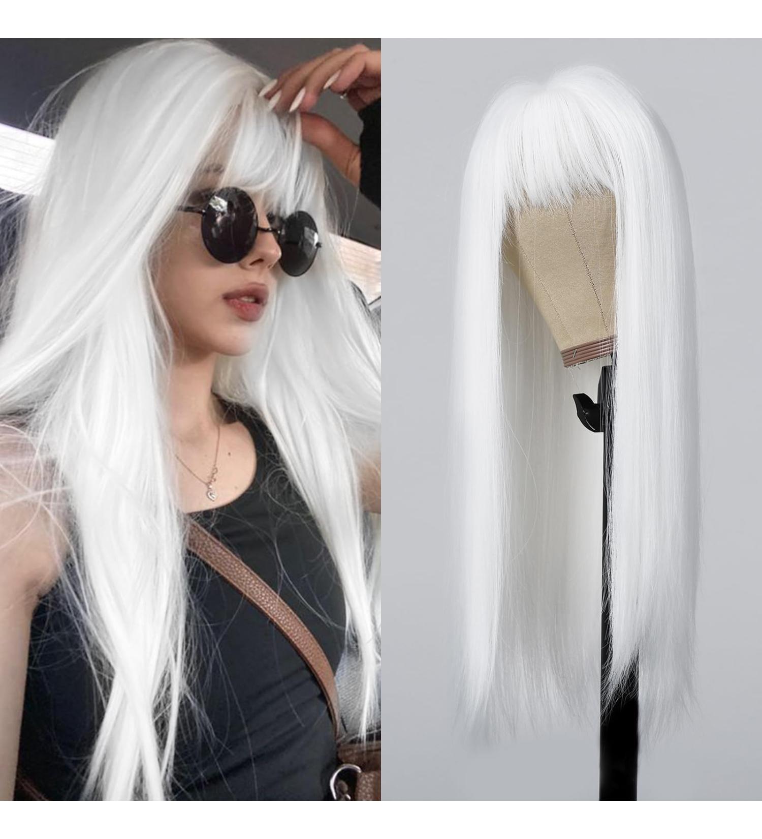 Allbell White Wig for Women - Long Silk Heat-Resistant Synthetic Hair with Bangs | Natural-Looking Perfect for Daily Wear Parties & Cosplay - Buy Online on GoSupps.com