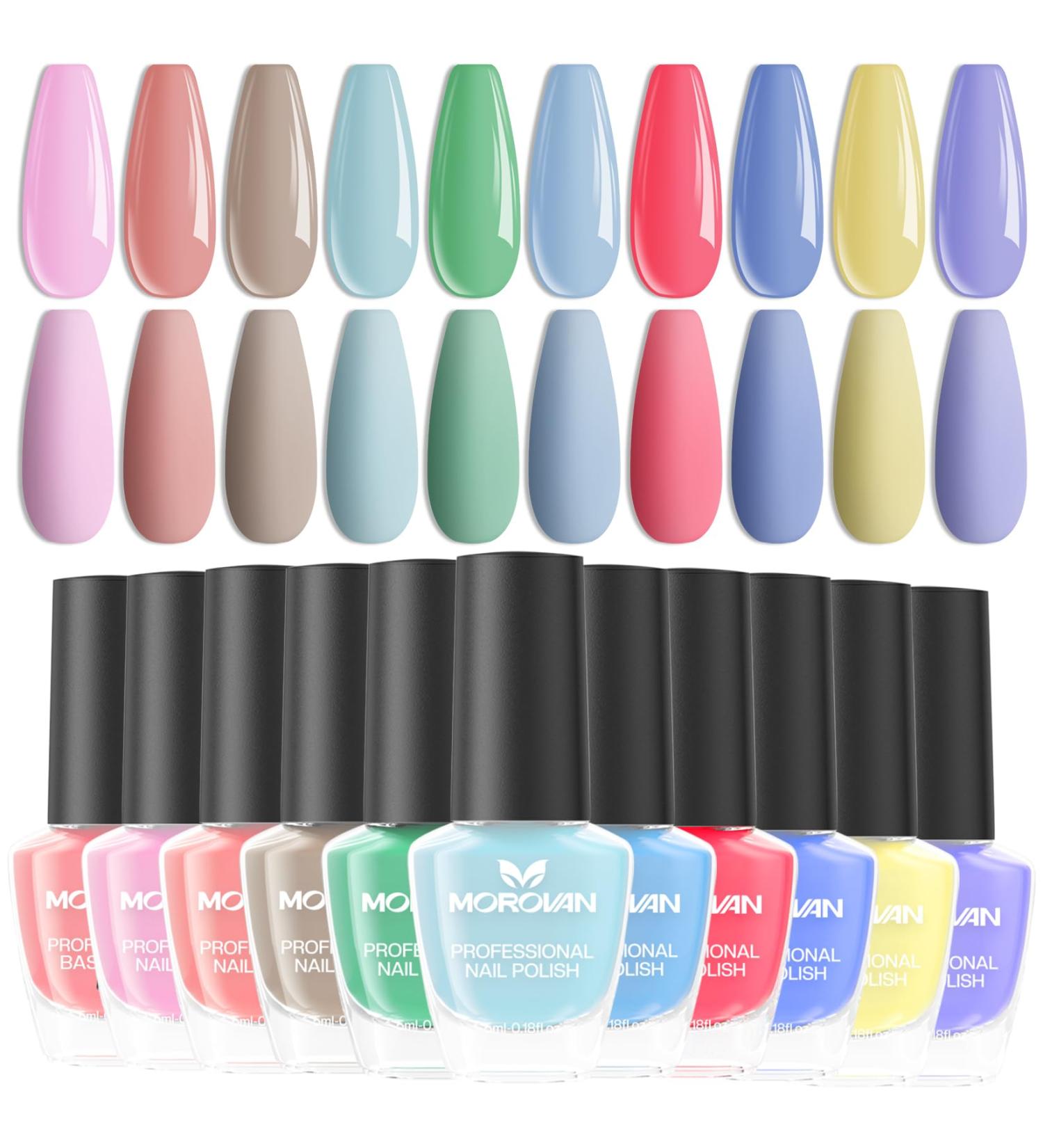 Morovan Nail Polish Set Fingernail: 10 Macaron Colors 2pc Base Top Coat Summer Popular Nail Polish Collection Regular Nail Polish Toenail Manicure Kit Gifts for Women Girls - Buy Online on GoSupps.com