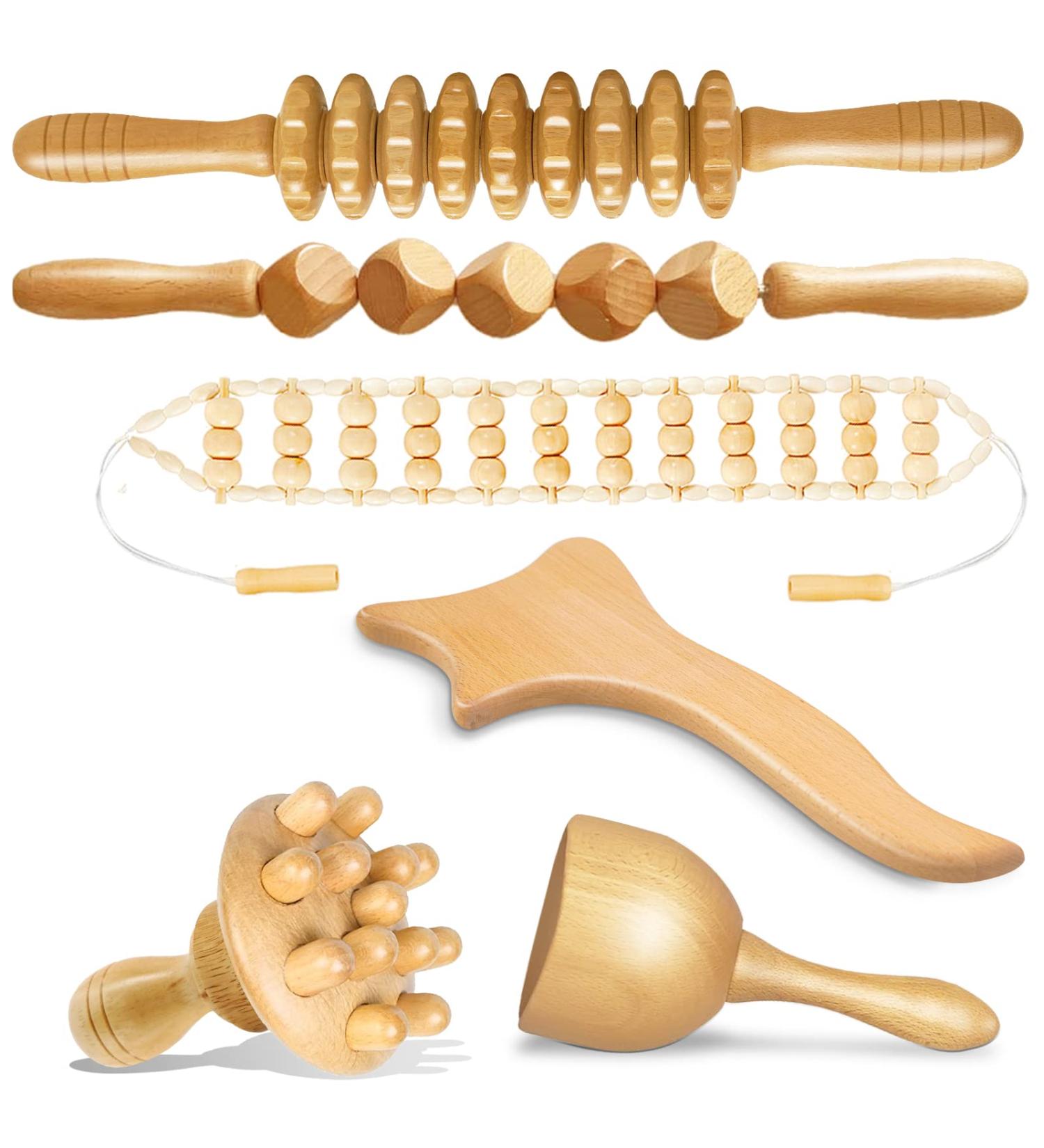 Set of 6 Wood Therapy Tools - Maderotherapy Massager Roller for Cellulite & Lymphatic Drainage | Gua Sha Tools in Box - Buy Online on GoSupps.com