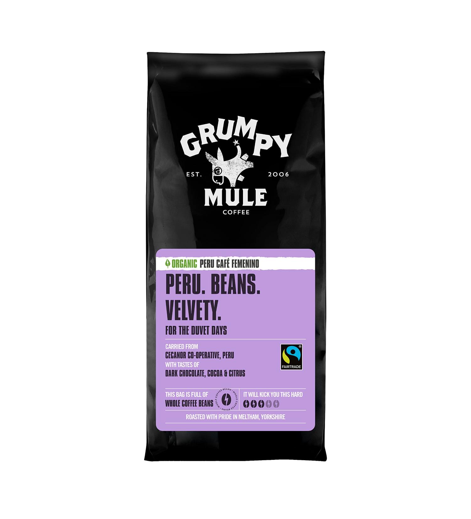 Grumpy Mule Organic Peru Caf Femenino Whole Coffee Beans 227g - Dark Chocolate, Cocoa & Citrus Flavors - Buy Online on GoSupps.com