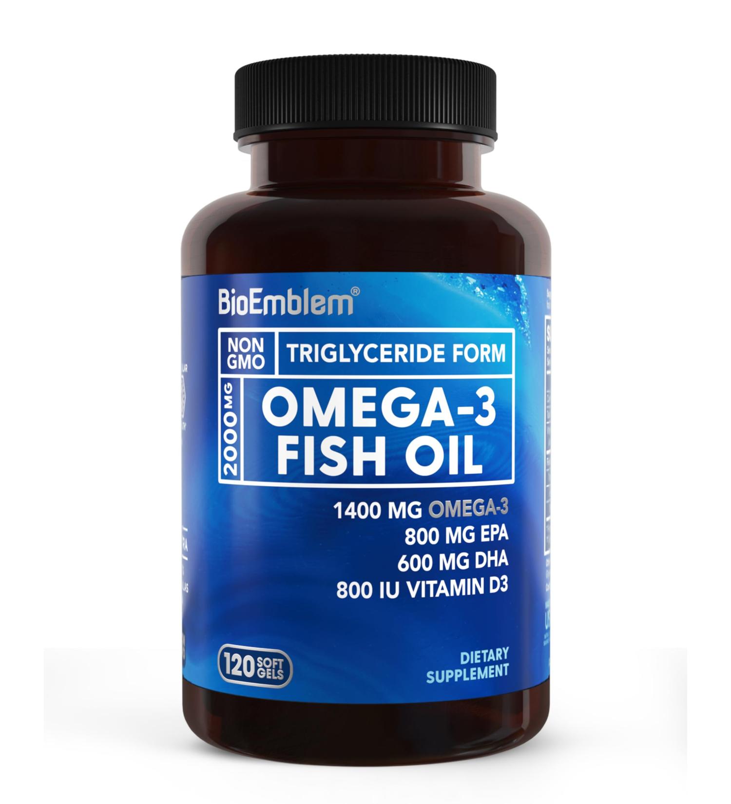 BioEmblem Omega-3 Fish Oil 2000mg - Small Size Softgels High Absorption Form Sustainable - 1400mg EPA &DHA Plus Vitamin D3 Non-GMO Heart Joint & Brain Health Fish Oil Supplement 120 Ct - Buy Online on GoSupps.com