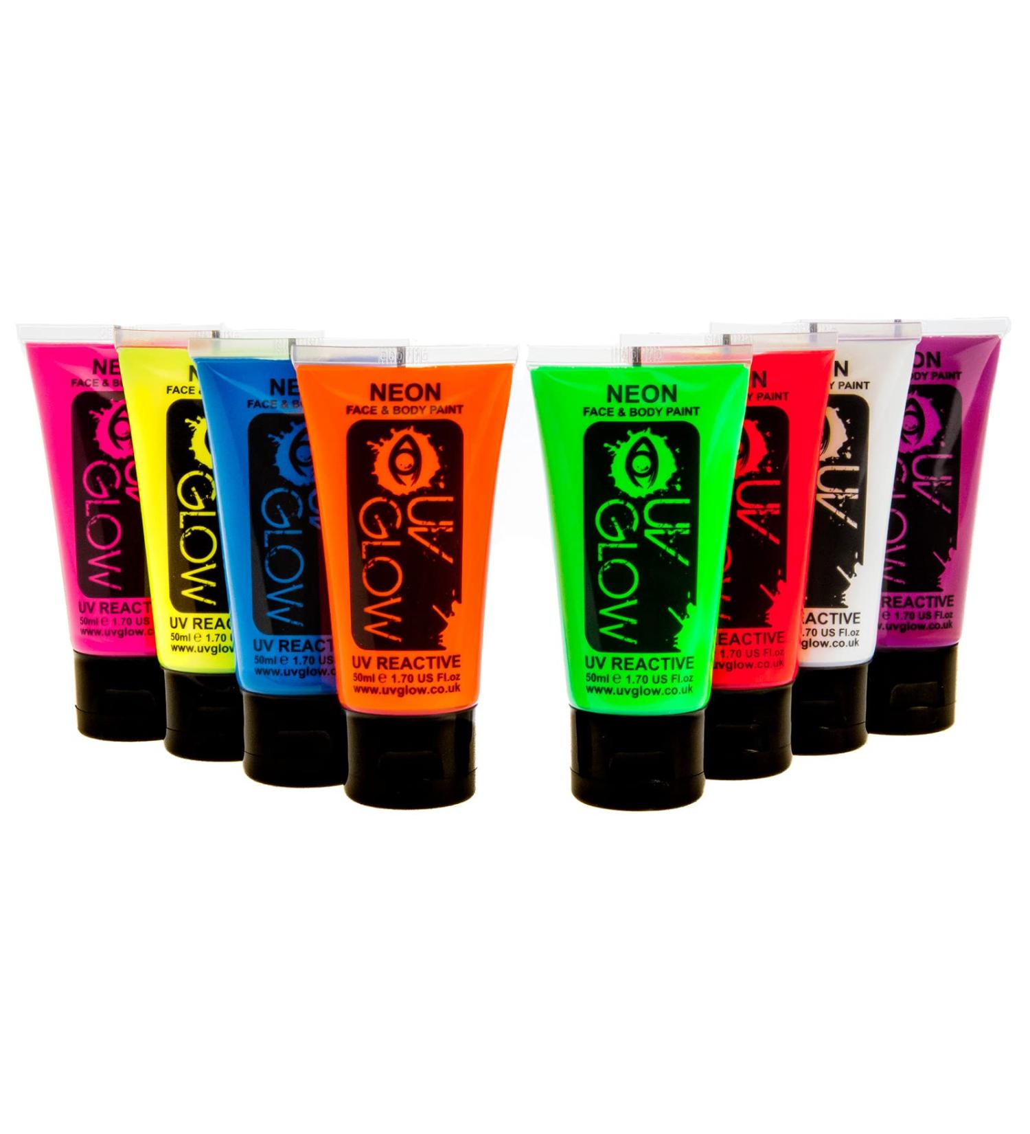 8 x 50ml UV Body Paint - Neon Fluorescent Makeup for Body Painting - Luminous Colors for Black Light Parties - Buy Online on GoSupps.com