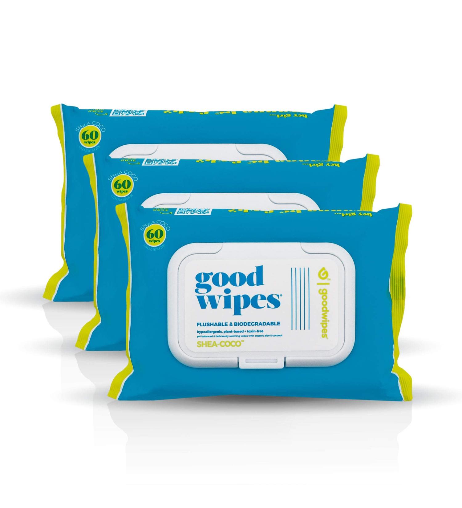 Goodwipes Flushable & Biodegradable Wipes with Botanicals | 180 Count (3 Packs) | Shea-Coco with Aloe | At-Home Use Safe | Septic-Sewer Safe - Buy Online on GoSupps.com