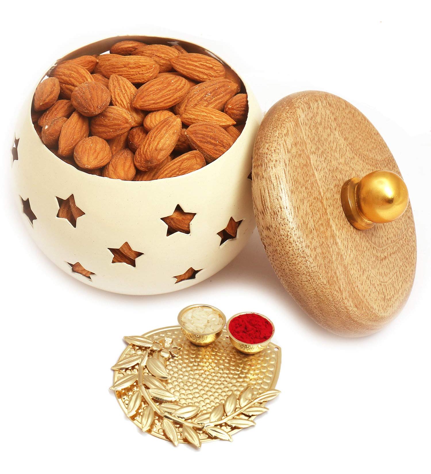 Ghasitaram Gifts Diwali Gifts - White Wooden Almonds Jar with Pooja Thali Diwali Gift Wooden Almonds Jar with Pooja Thali - Buy Online on GoSupps.com