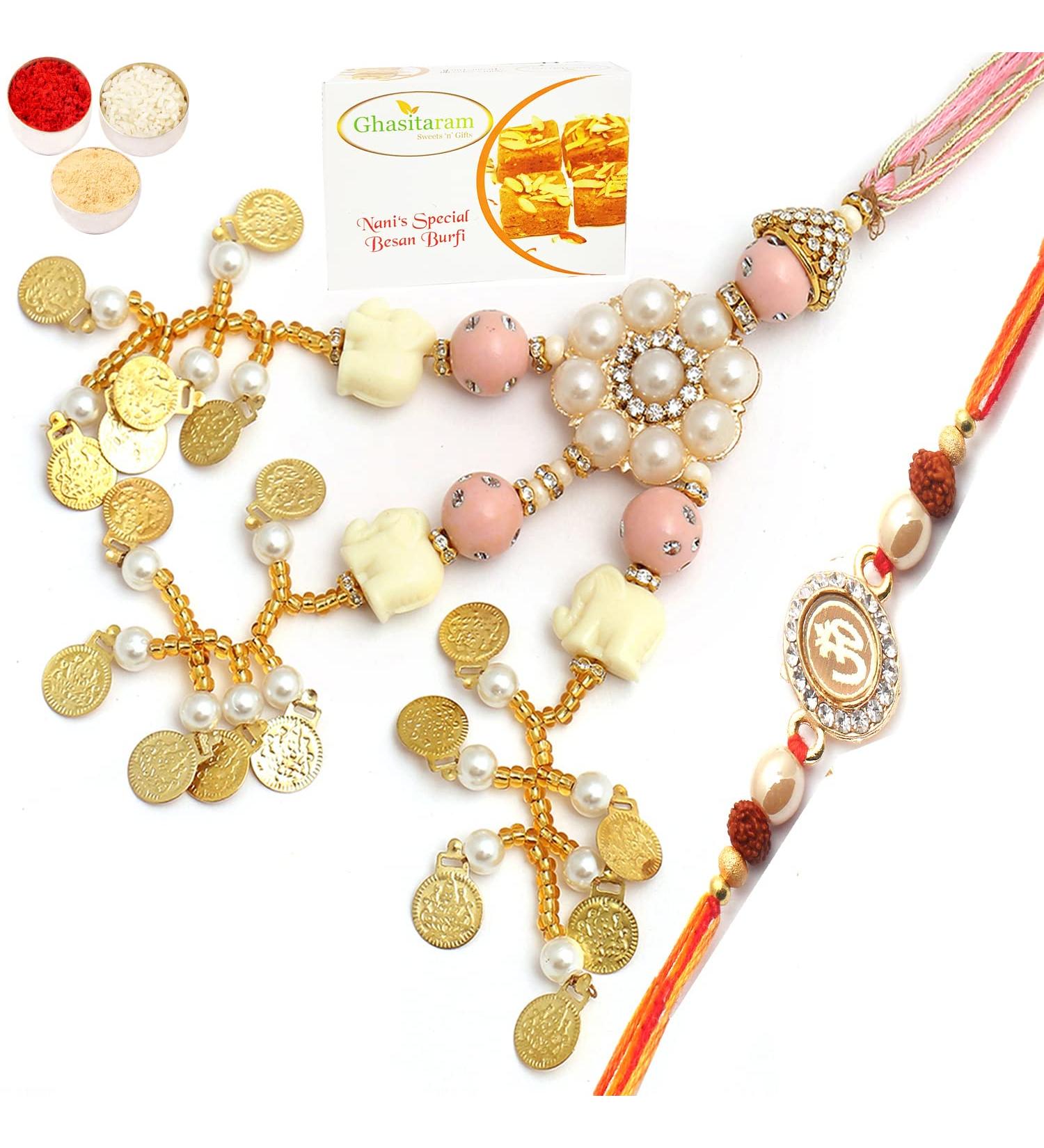 Ghasitaram Gifts Rakhis Online - Rakhi for Brother- Dazzling Bond rm080 Bhaiya Bhabhi Rakhi with 400 GMS of Besan Barfi Rakhi Set with 400 gms of Besan Barfi - Buy Online on GoSupps.com