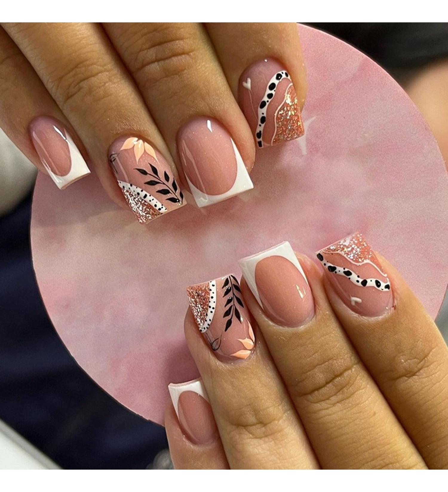 Glitter French Press on Nails - 24Pcs Square False Nails with White Design | Nail Glue Included | Full Cover Stick on Nails for Women & Girls - French Leaf Glitter - Buy Online on GoSupps.com