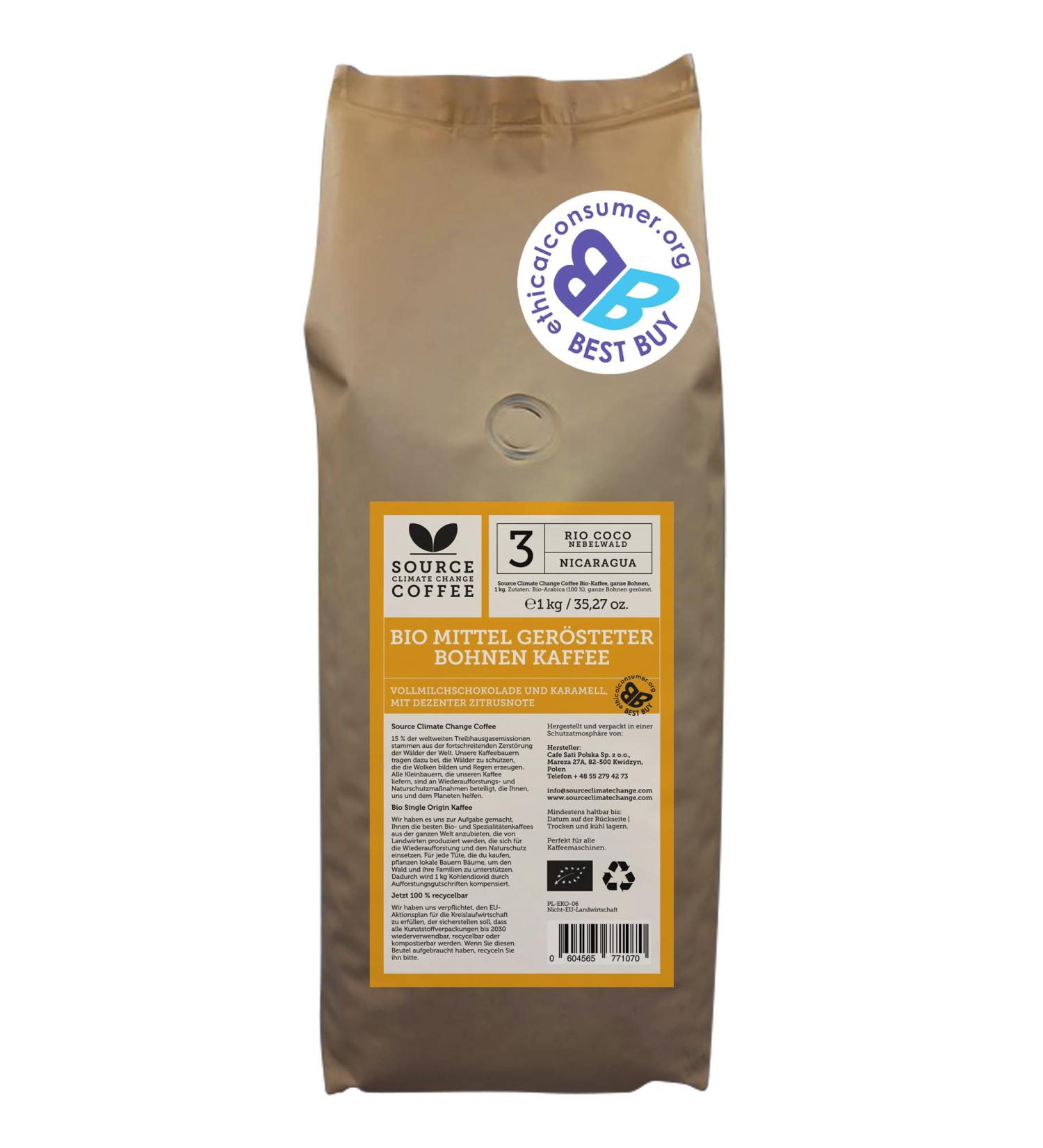  Source Climate Change Whole Coffee Beans - Organic Medium Dark Roast by Climate Change Source - Unique Origin Traceable & Fresh Roast - Milk Chocolate & Subtle Citrus Caramel 1kg Nicaragua - Buy Online on GoSupps.com