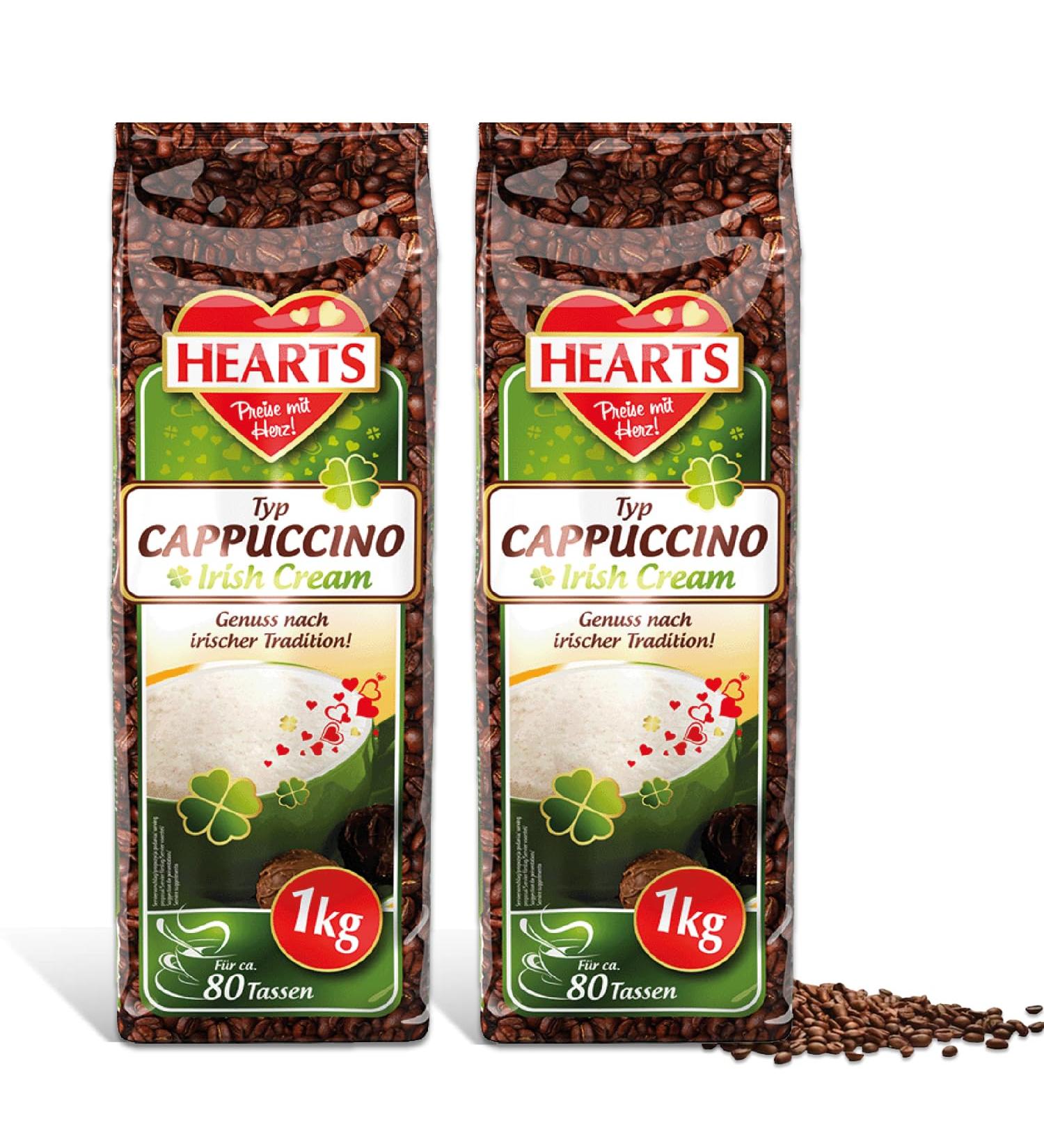 Hearts Cappuccino Irish Cream Pack of 2 (2 x 1 kg) instant soluble coffee powder 160 cups enjoyment according to Irish tradition - Buy Online on GoSupps.com