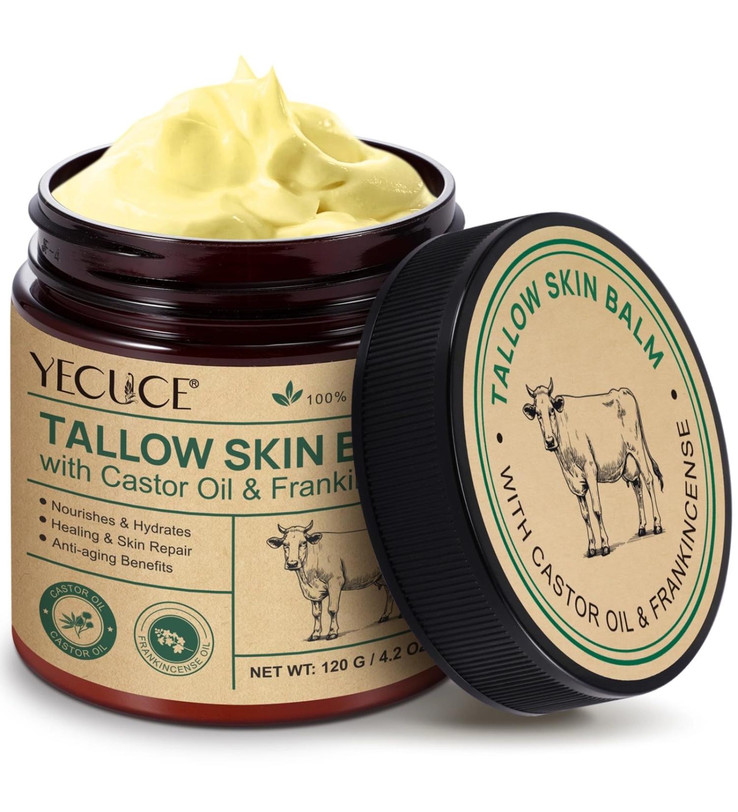 Yecuce Beef Tallow for Skin with Castor Oil and Frankincense 4.2 oz Grass-Fed Tallow Cream Face & Body Moisturizer for Dry Skin - Buy Online on GoSupps.com