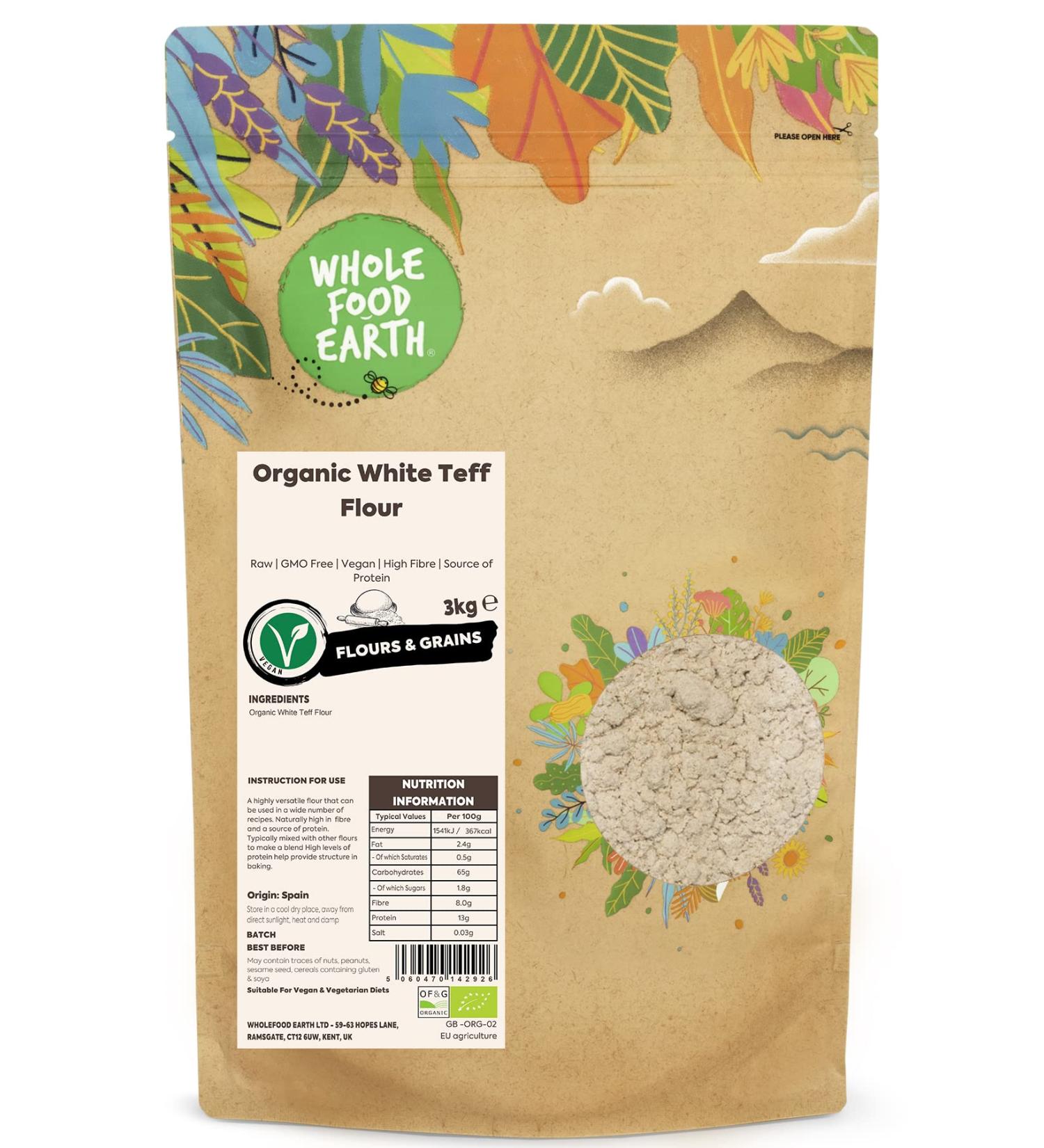 Wholefood Earth Organic White Teff Flour 3 kg - GMO-Free, Vegan, High Fibre, Protein-Rich | Certified Organic - Buy Online on GoSupps.com