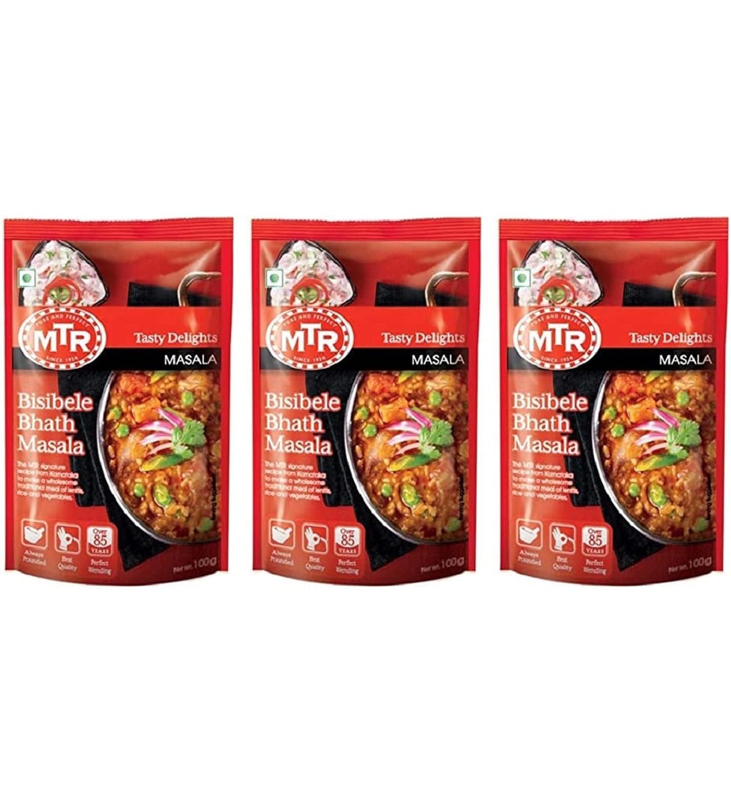 MTR Instant Ready Mix Various Flavours - Traditional South Indian Breakfast Tasty and Healthy - Easy to Prepare Snacks - Bisibele Bhath Masala 100g (Pack of 3)