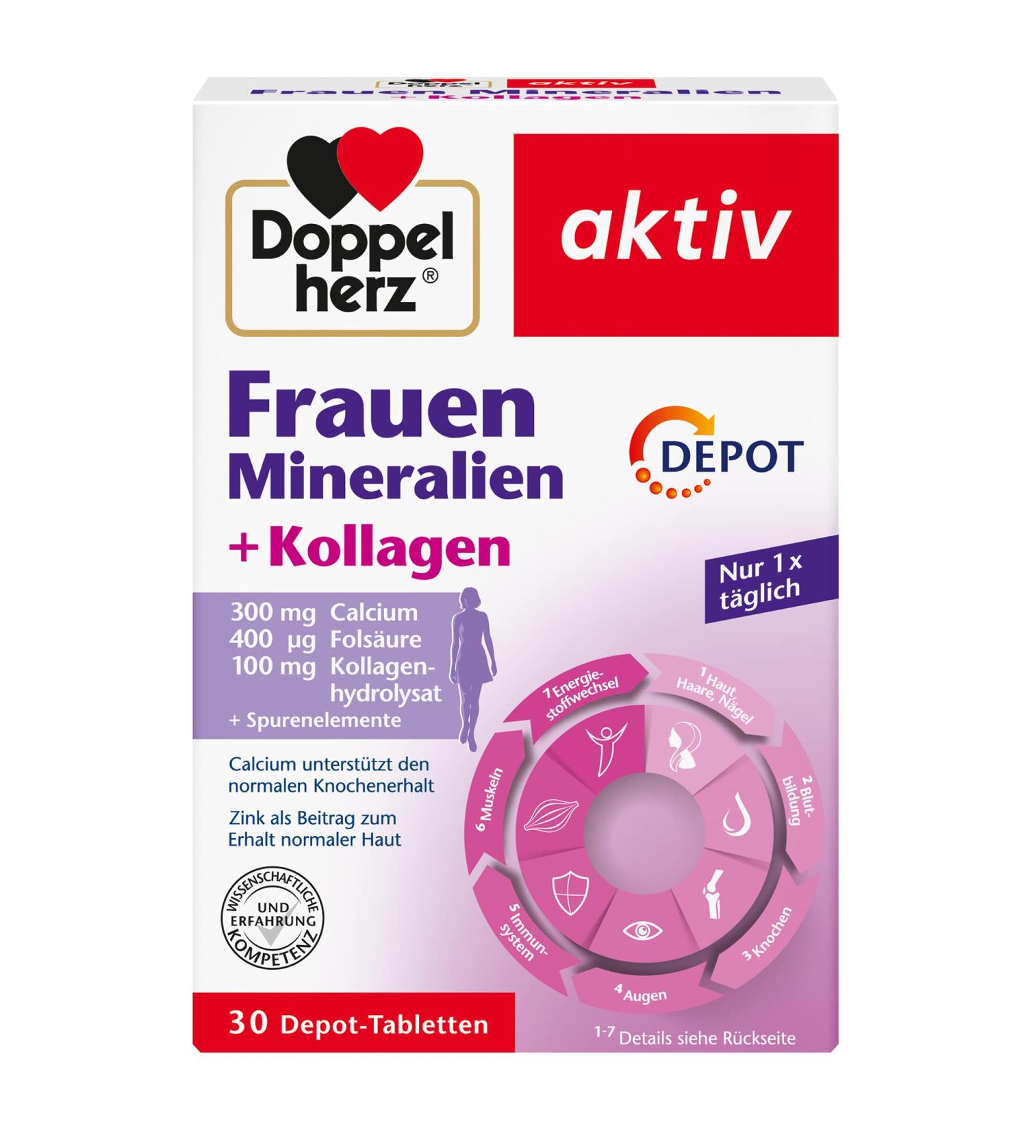 Doppelherz Women Minerals + Collagen - 30 Depot Tablets with Calcium Folic Acid & Trace Elements for Optimal Health - International Shipping Available - Buy Online on GoSupps.com