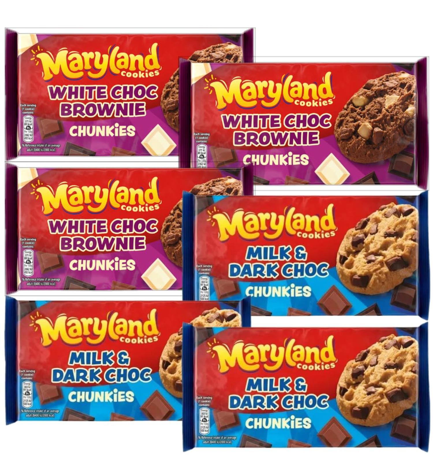 Maryland Big & Chunky White Choc Chunk Brownie Cookies 144g x3 with Milk & Dark Choc Chunk Cookies 144g x3 (6 Pack Mixed Bundle)