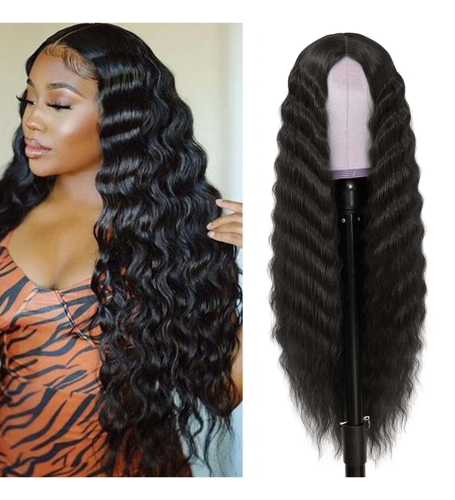 INSTASTYLE 30 Inch Lace Front Synthetic Curly Wig for Women - Black Loose Deep Wave Hair Replacement | 1B 30 Inch Black - Buy Online on GoSupps.com