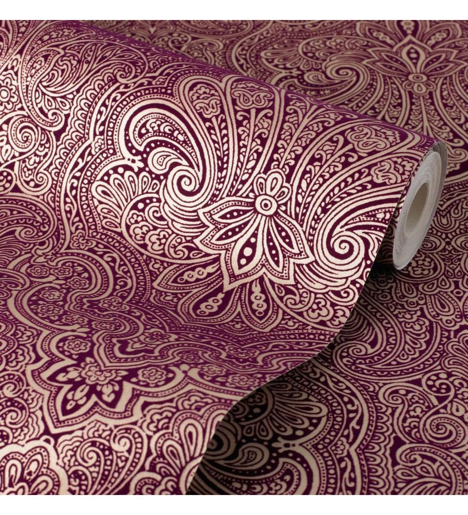 Exclusive Henna Velvet Flock Purple/Gold Damask Wallpaper J902