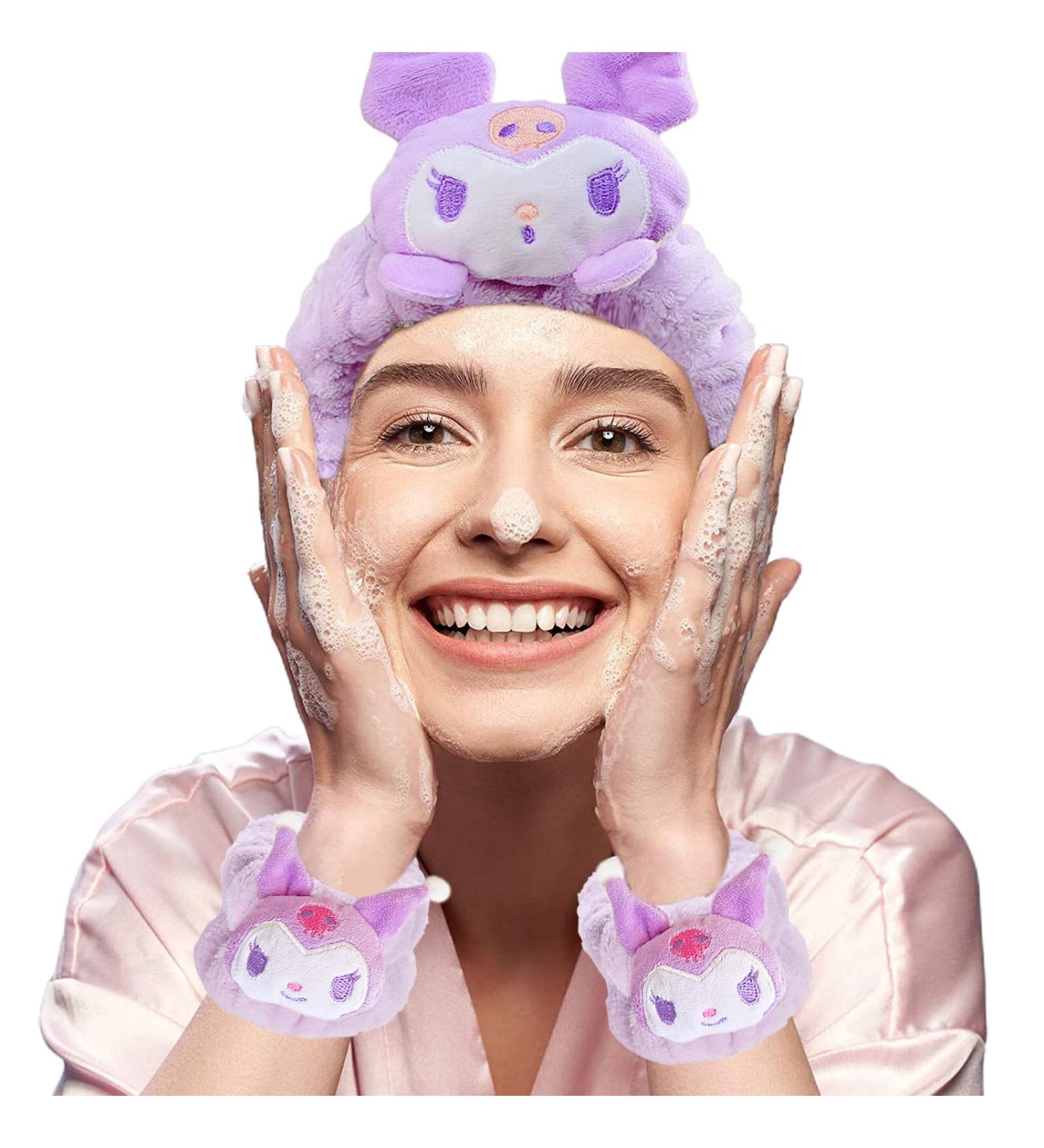 Ocroyea Kawaii Women Face Wash Headband Wristband Set - Cute Cartoon Spa Headband for Makeup and Skincare - Purple - Buy Online on GoSupps.com