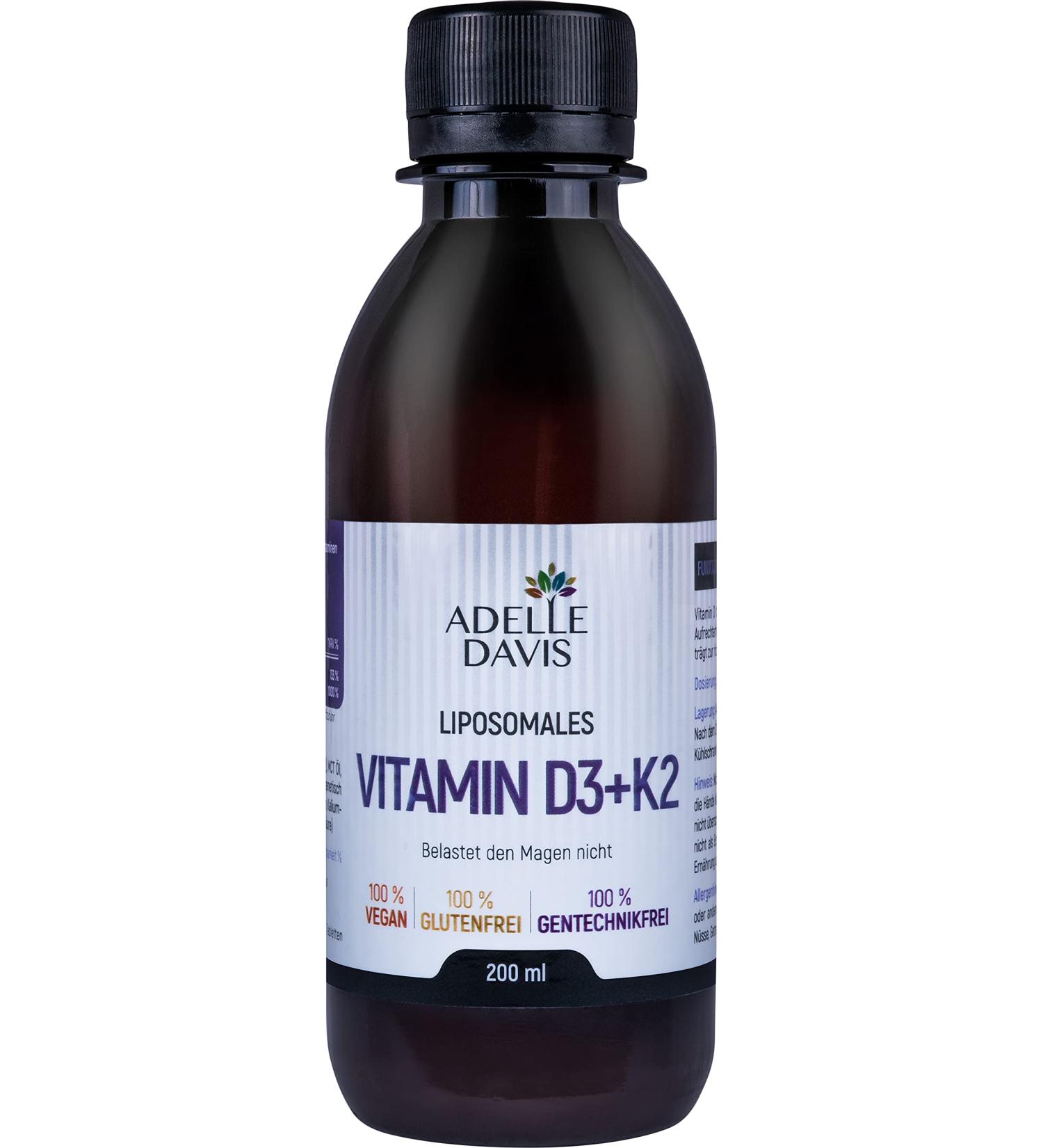  Adelle Davis Liposomal vitamin D3 50 mcg and vitamin K2 100 mcg 200 ml high-dose liquid formula with sunflower lecithin vegan non-GMO soy and gluten free - Buy Online on GoSupps.com