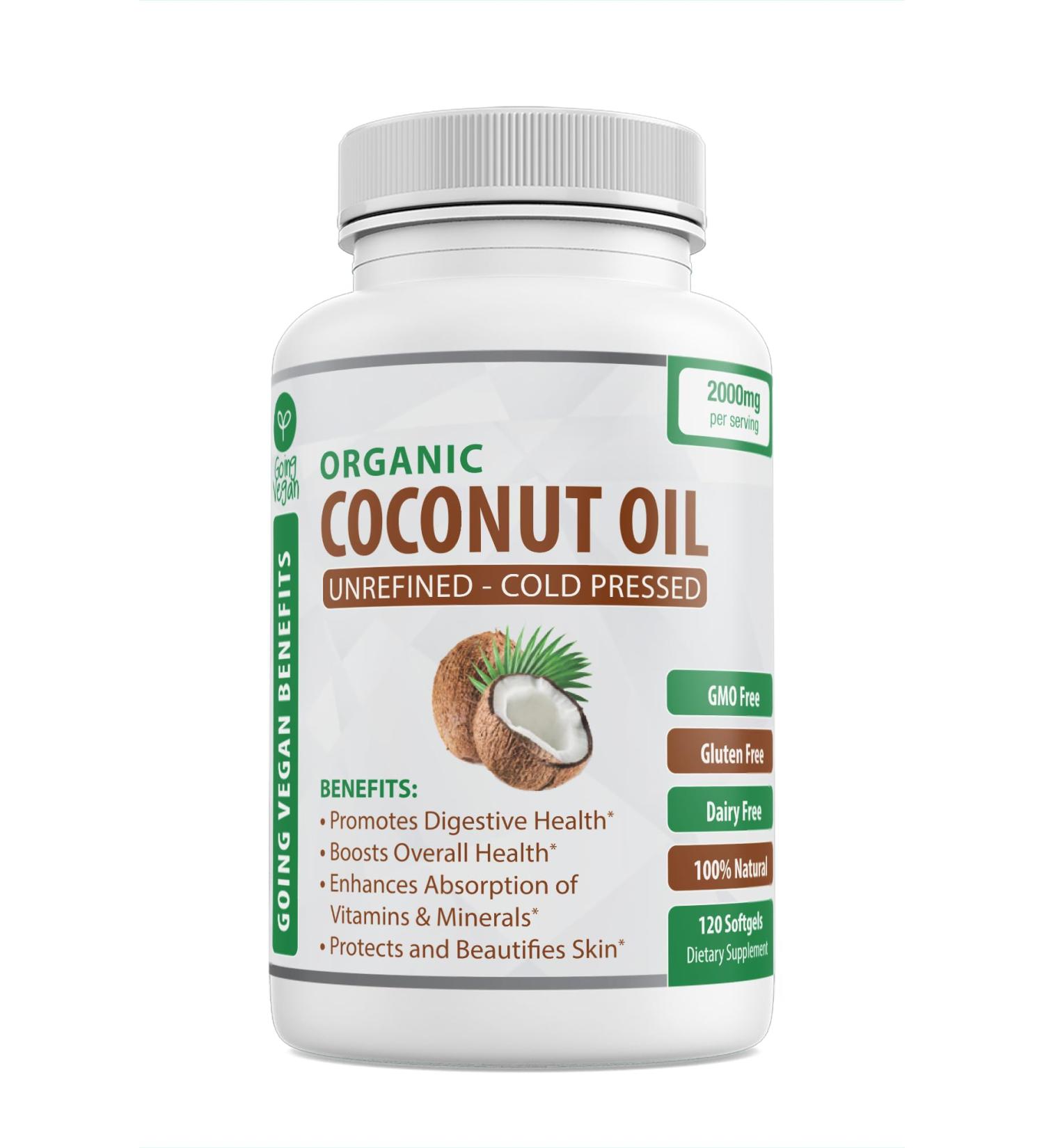 Organic Coconut Oil Capsules 2000mg - 100% Extra Virgin, Cold Pressed for Healthy Skin, Extra Hair Growth, Nail Care, Brain Booster - 120 Softgels - Unrefined Pure & Non GMO Pills - Rich in MCT - Buy Online on GoSupps.com