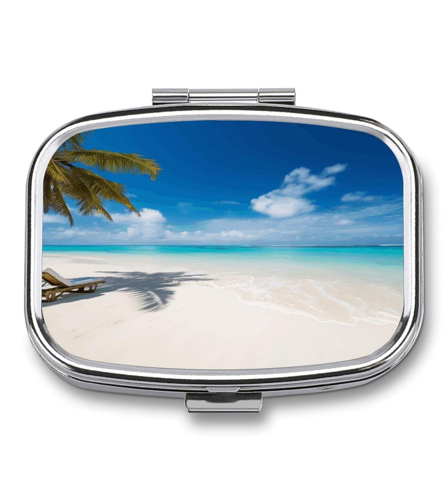 Portable Tropical Sea Print Pill Box - 2 Compartment Decorative Metal Pill Organizer for Travel | Shop Internationally - Buy Online on GoSupps.com