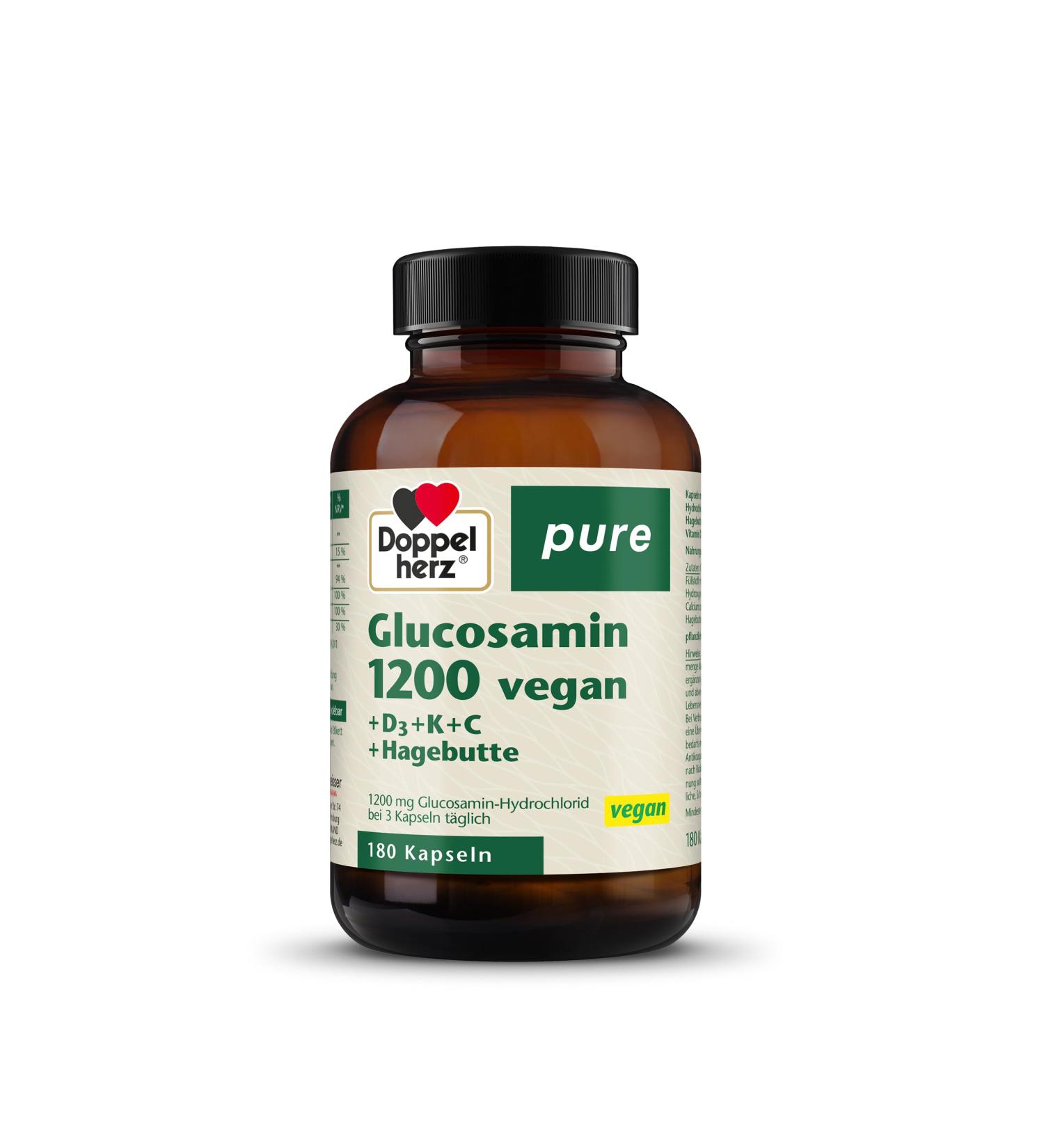 Doppelherz Pure Glucosamine 1200 Vegan - Rosehip Extract Vitamin D3 K2 Copper & Calcium - 180 Gelatin-Free Capsules for Joint Health - Buy Online on GoSupps.com