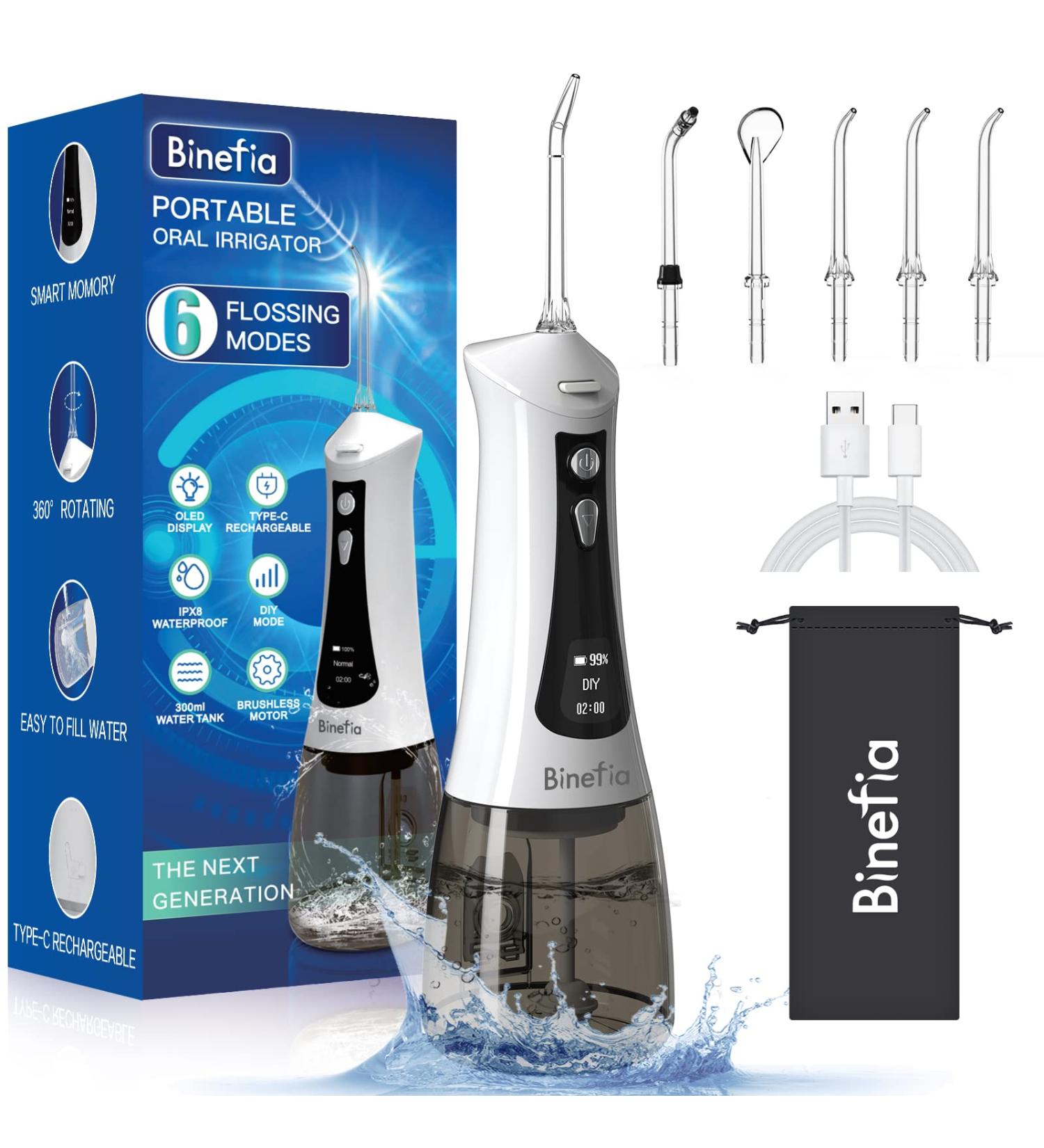 Cordless Water Flosser with 6 Modes OLED Display - IPX8 Waterproof Dental Flosser for Teeth Cleaning - USB-C Rechargeable - 5 Jet Tips Included - Buy Online on GoSupps.com