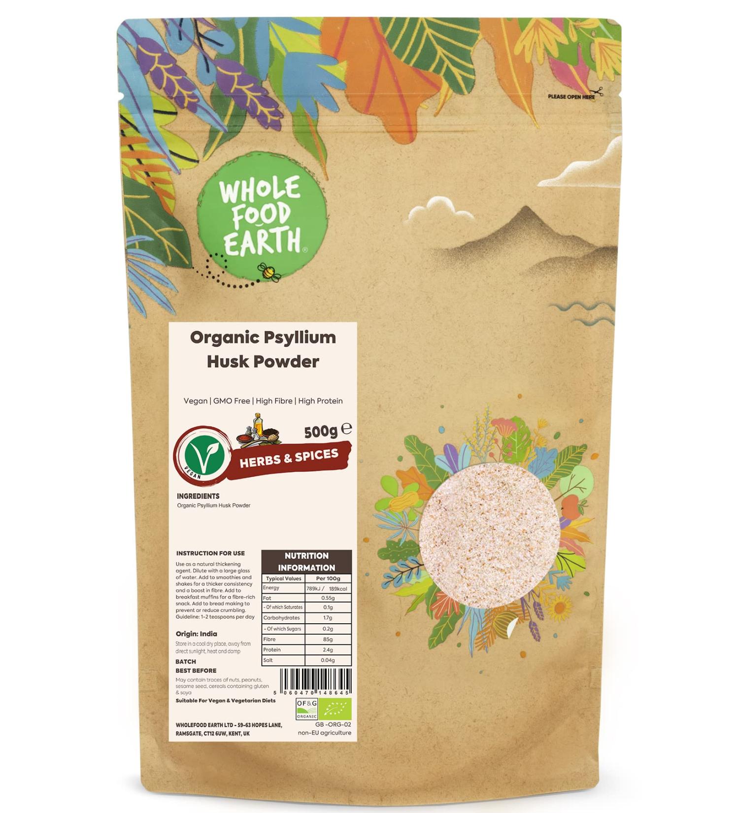 Wholefood Earth Organic Psyllium Husk Powder 500g - Vegan, GMO Free, High Fibre & Protein - Certified Organic Natural - 500g - Buy Online on GoSupps.com