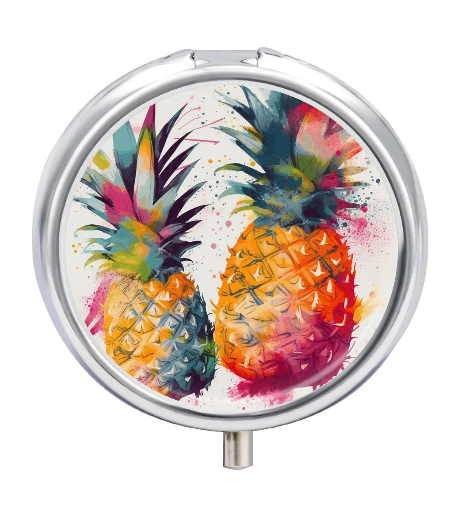 Round Pill Box - Tropical Fruit Watercolor Pineapple Print | 3 Compartment Portable Pill Organizer | Decorative Metal Medicine Case - Buy Online on GoSupps.com