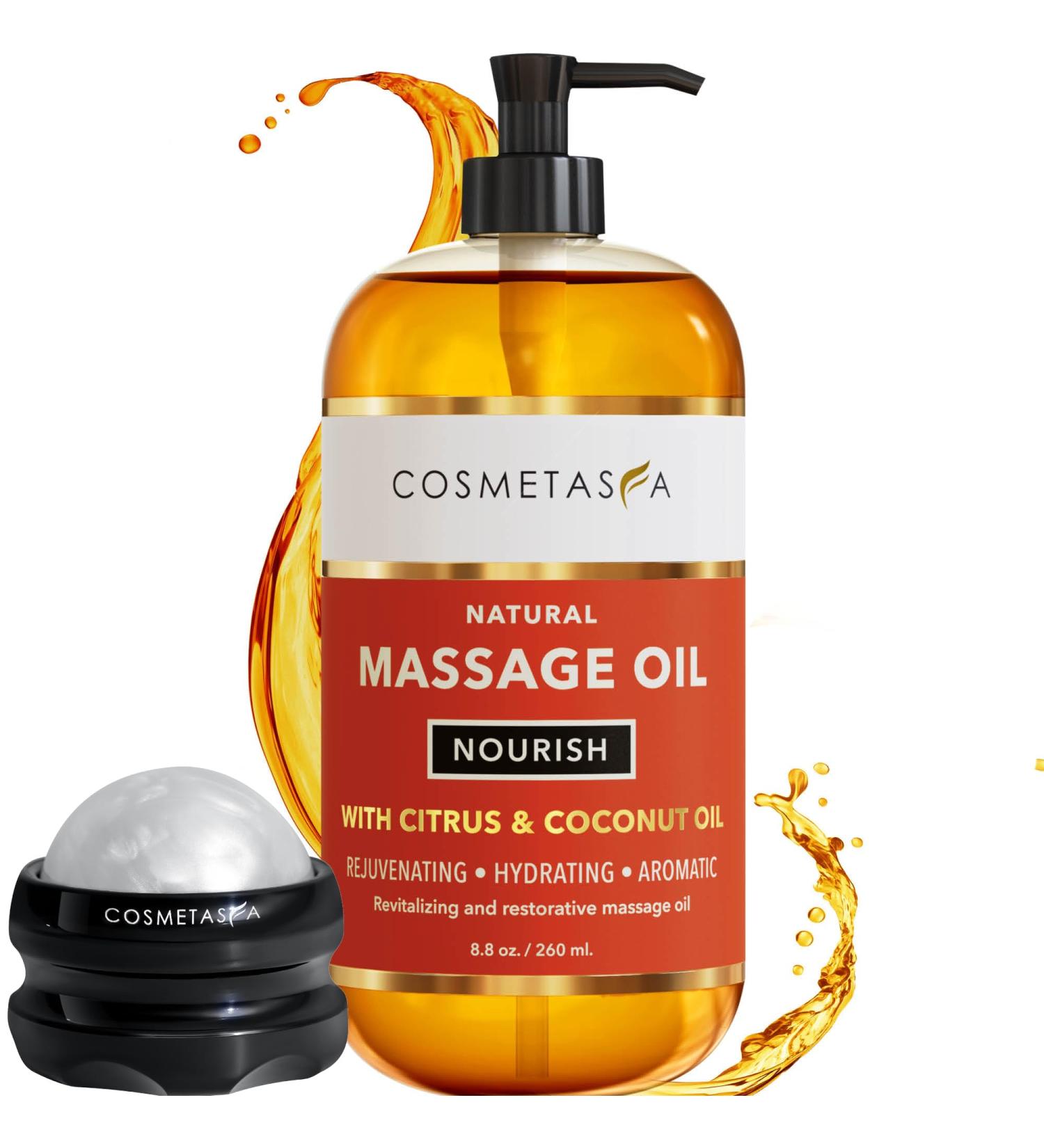 Natural Nourishing Massage Oil with Roller Ball - Therapeutic Citrus & Coconut Oil for Dry Skin Muscle Relief & Rejuvenation - 8.8 oz - Buy Online on GoSupps.com