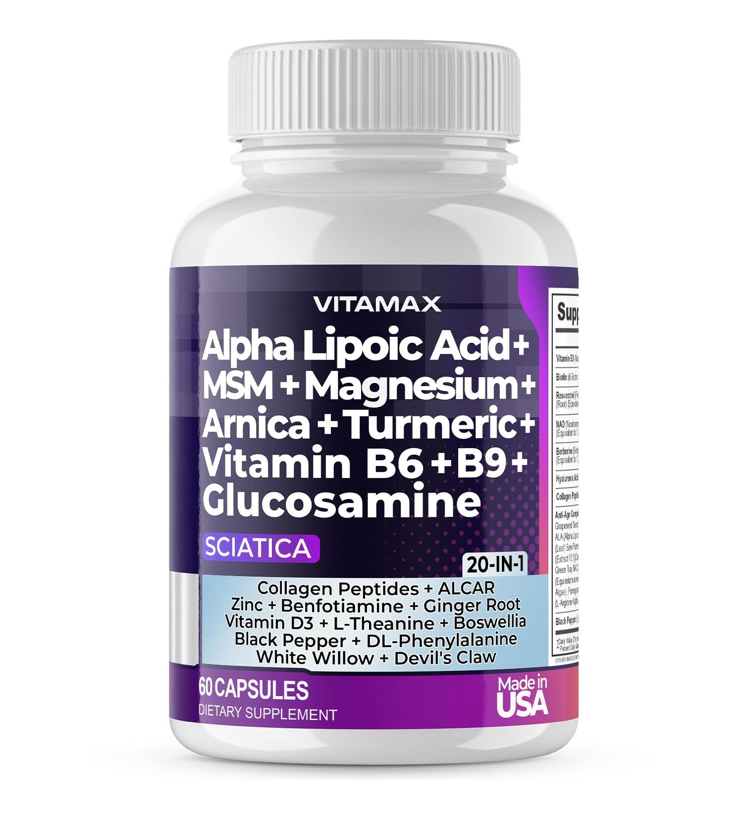 Sciatic Nerve Health Support - Sciatic Nerve Supplement Capsules with Folic Acid Pea Glucosamine MSM Vitamin B Complex Alpha Lipoic Acid 300mg 60ct Made in USA 60 Count (Pack of 1) - Buy Online on GoSupps.com