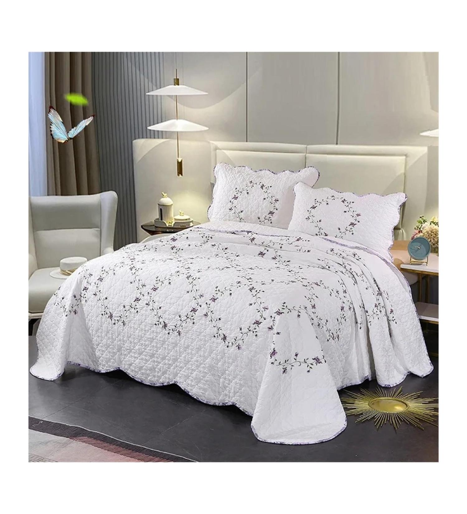 Scandinavian Embroidery Cotton Quilted Bedspread Bed Padded Quilt Blanket Blanket Home Bedspread Bedding Set 3PC Soft (White 104x92inch) - Buy Online on GoSupps.com