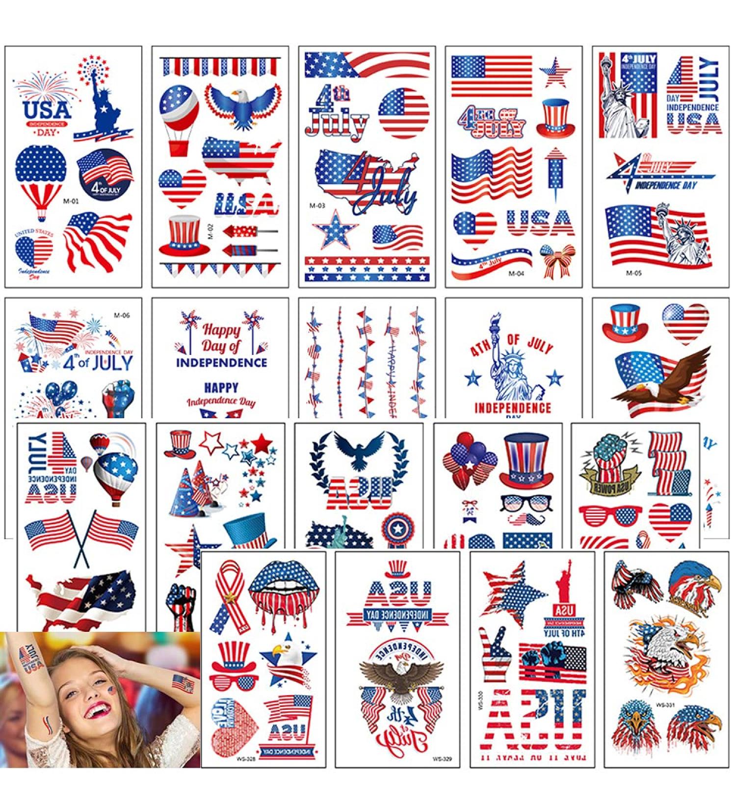 American Flag Temporary Tattoos - 19 Patriotic Stickers for Fourth of July - Fake Tattoo Party Supplies - Buy Online on GoSupps.com