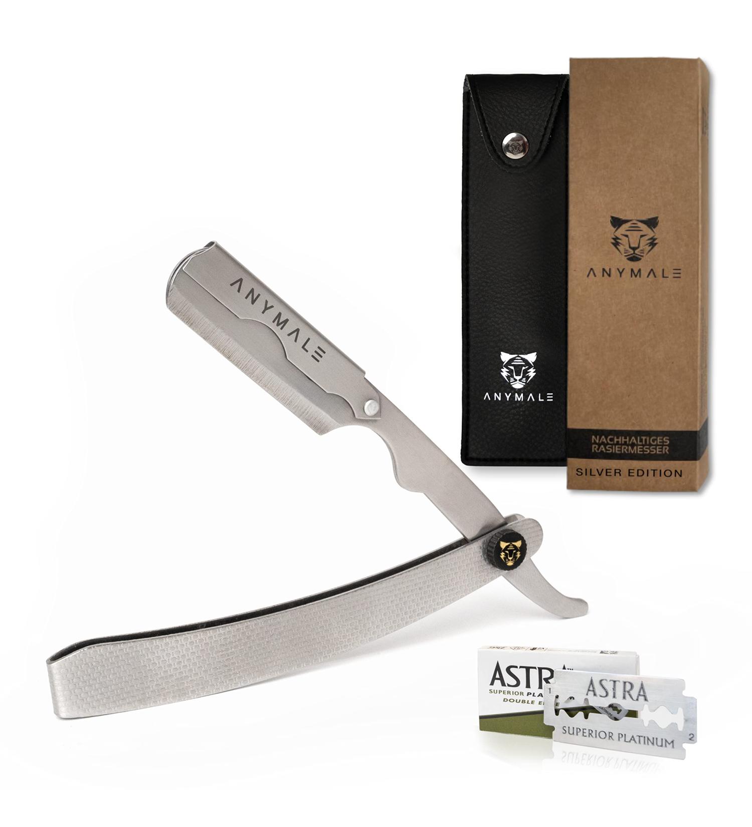 Anymale Silver Edition - Sustainable Razor & 10 Astra Blades | Men's Travel Shaving Set for Beginners | Eco-Friendly Barber Accessories - Buy Online on GoSupps.com