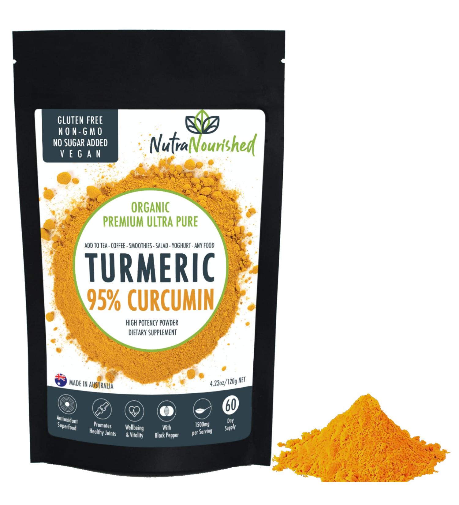 Pure Organic 95% Curcumin Powder - 1500mg Turmeric Extract with Black Pepper - Natural Wellness Support - 4.23oz - Buy Online on GoSupps.com