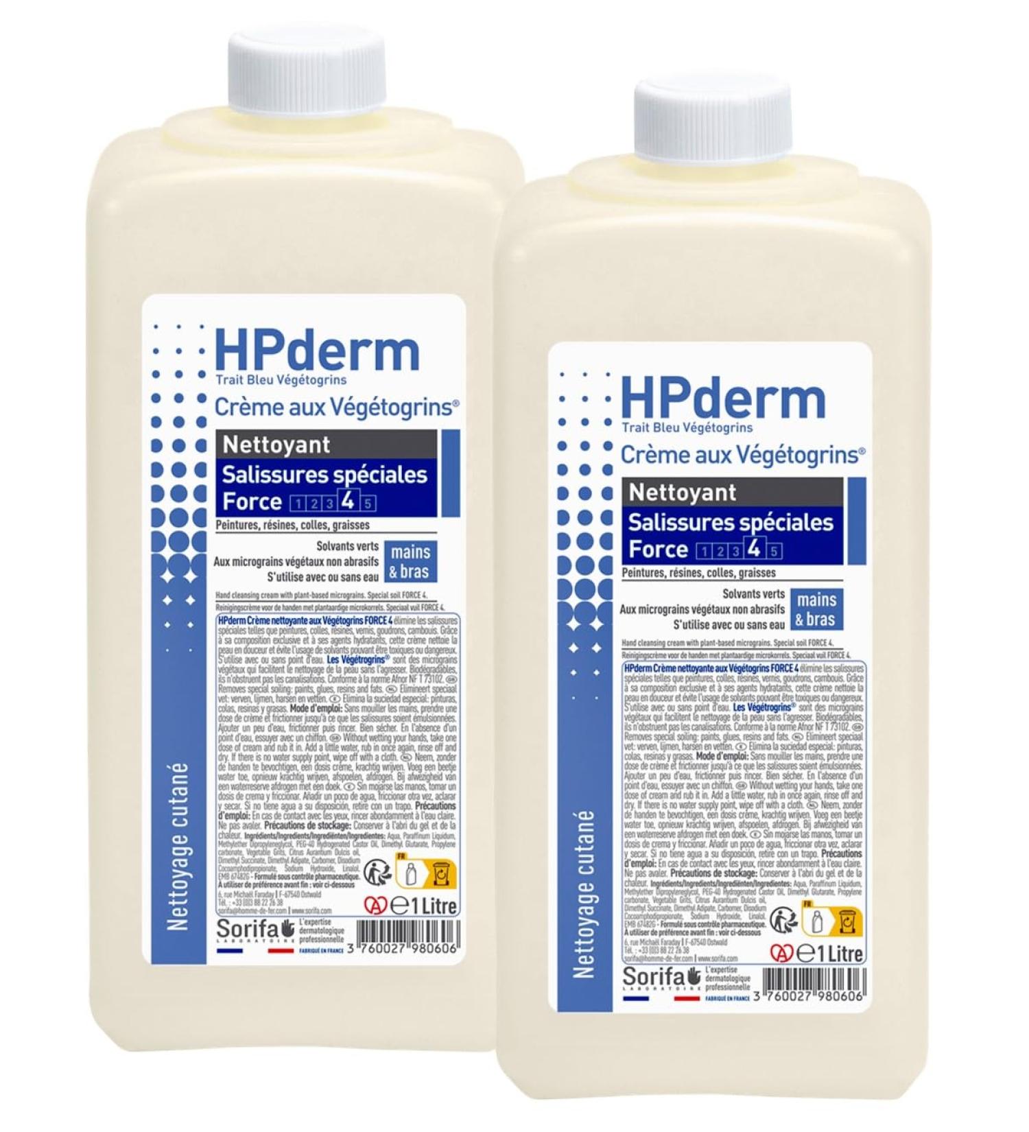 SORIFA Pack of 2 - HPderm Vegetogrins Cleansing Cream Strength 4 - Hands and Arms - Special Dirts - Grease Paint Ink Putty Tar Glue Foam - Soap Free - 1L Bottle - Buy Online on GoSupps.com