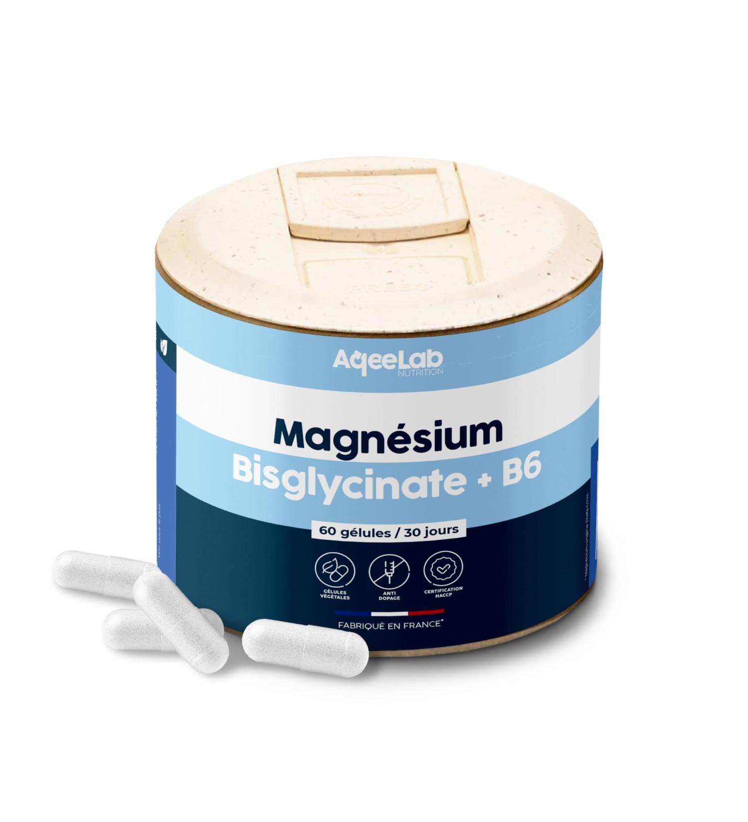 Magnesium Bisglycinate 1375 mg + Vitamin B6 60 vegetable capsules Pot for 30 days Reduction of stress and fatigue Made in France AqeeLab Nutrition: eco-friendly brand - Buy Online on GoSupps.com