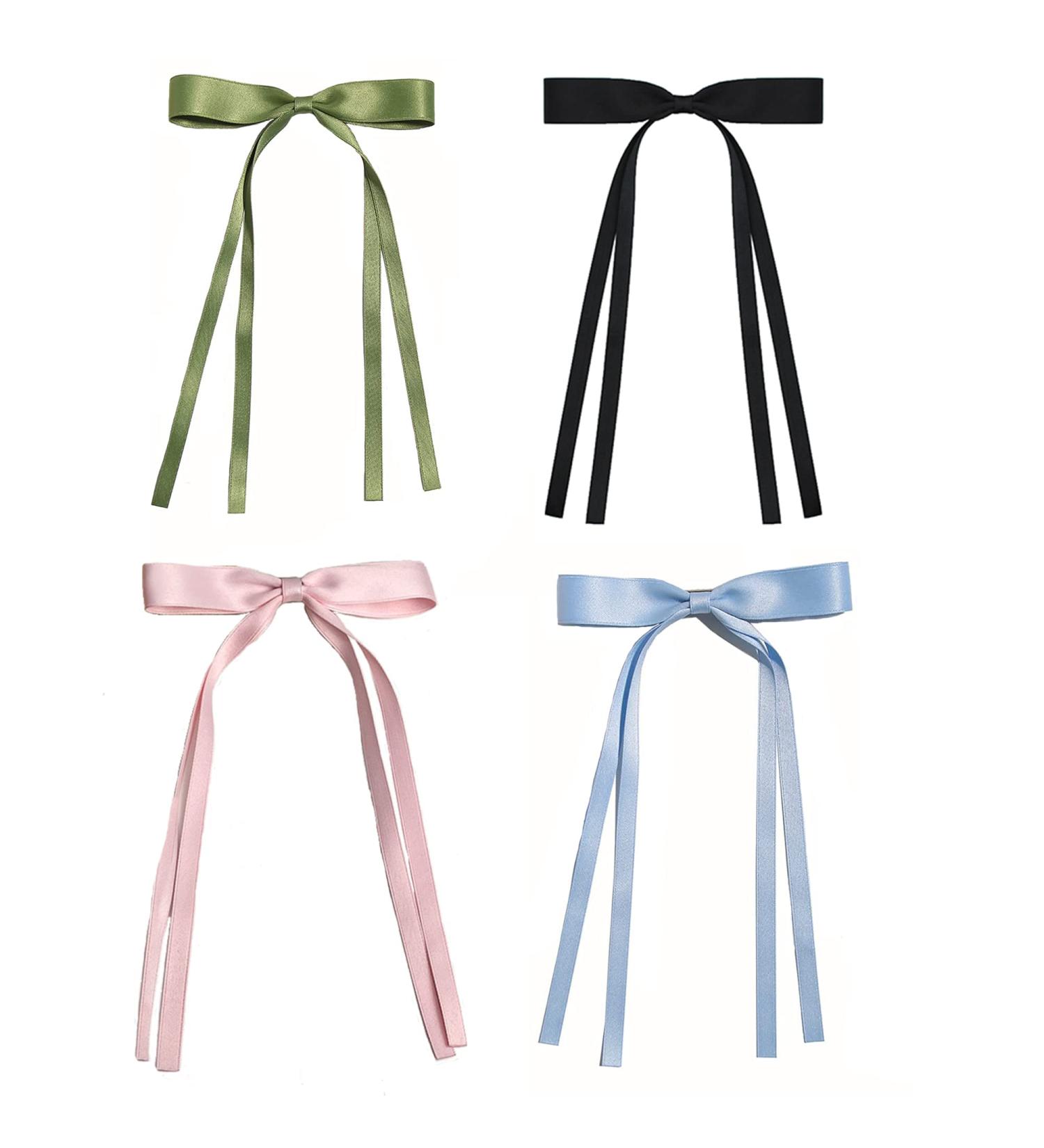 AUONY 4PCS Tassel Ribbon Hair Clips Set - Green, Black, Pink, Blue - Women and Girls Barrettes Hair Accessories - Buy Online on GoSupps.com